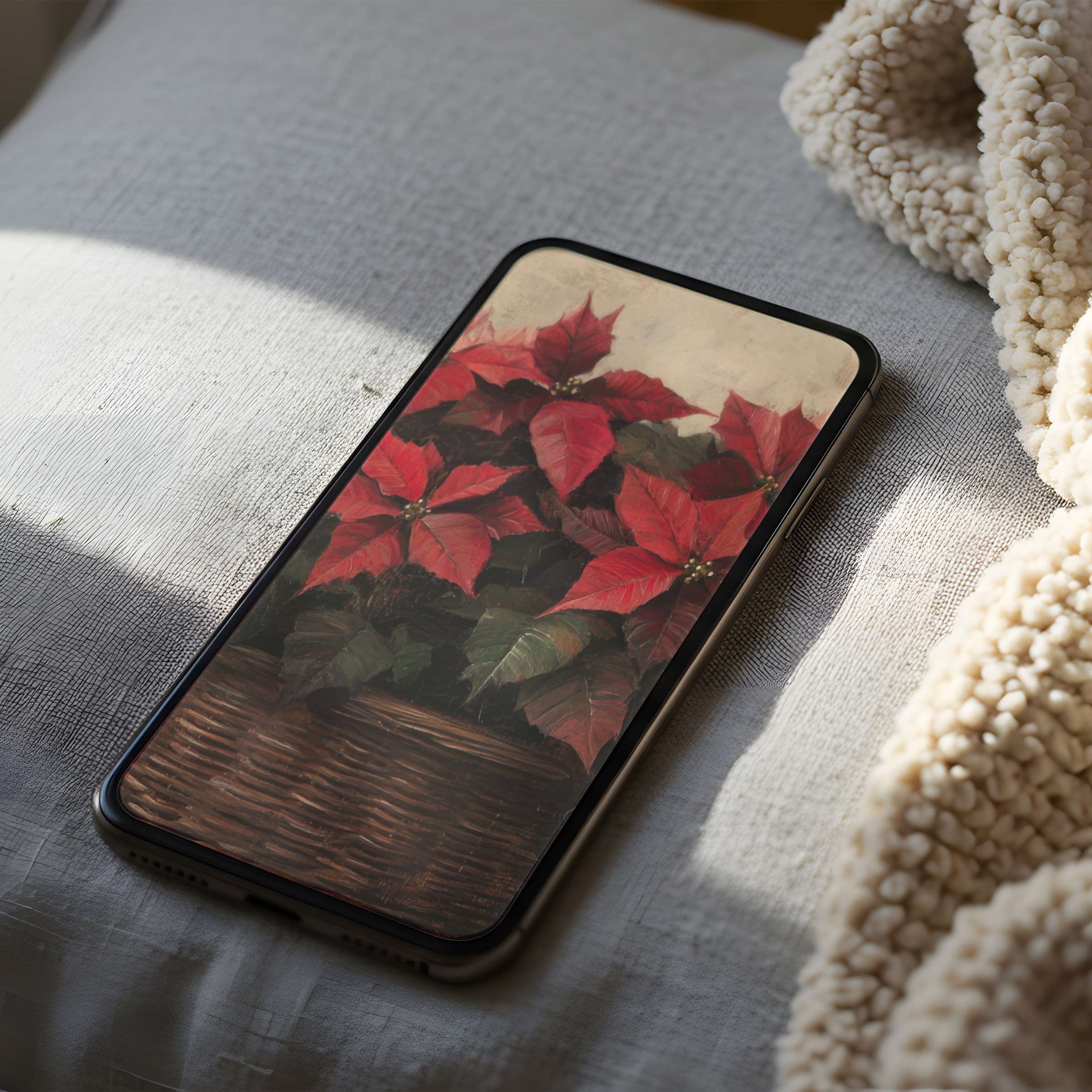 Elegant phone wallpaper featuring vibrant red poinsettias in a woven basket motif, perfect for high resolution iPhone or Android download