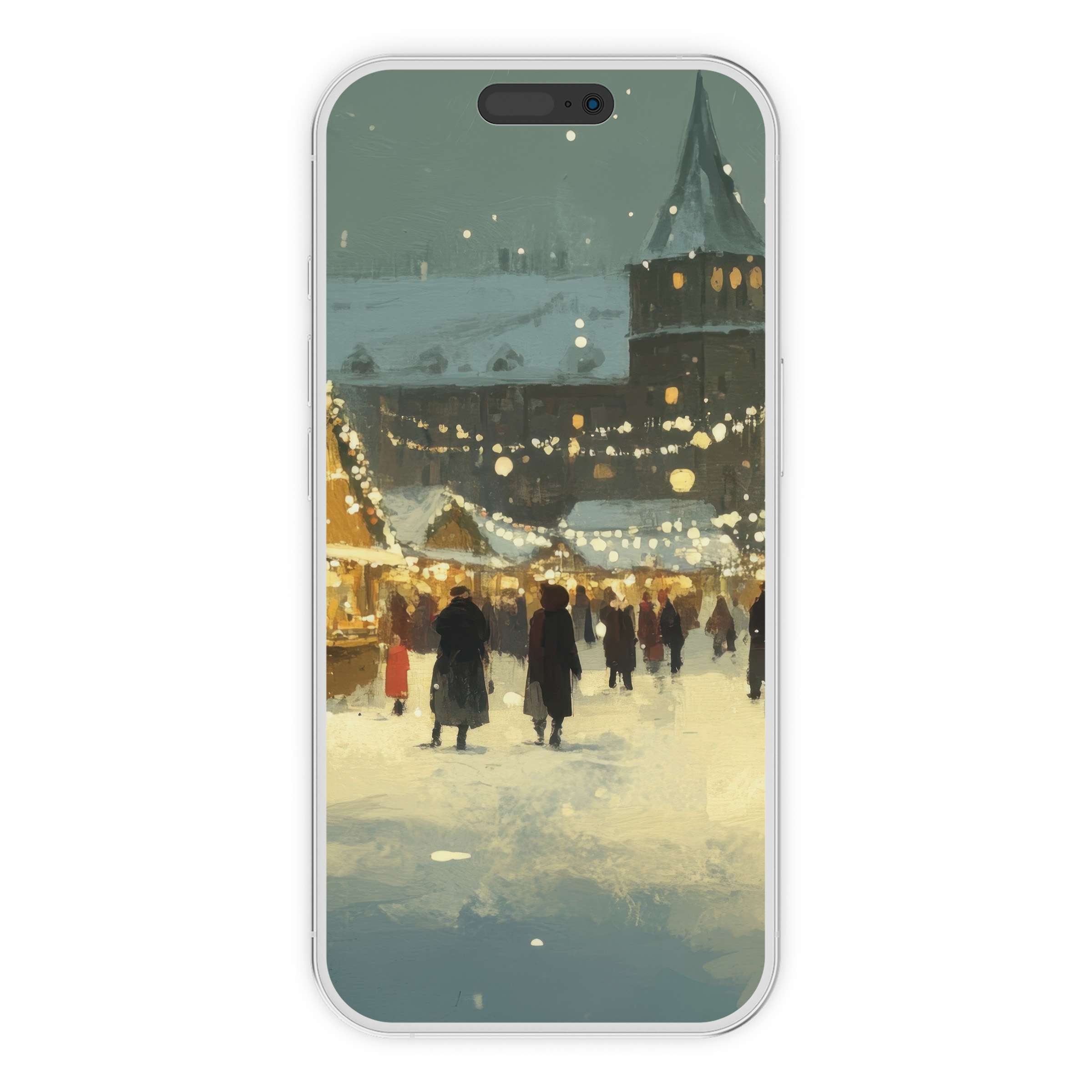 Charming Christmas iPhone wallpaper with cozy snow-dusted market scene perfect phone background for digital download serenity