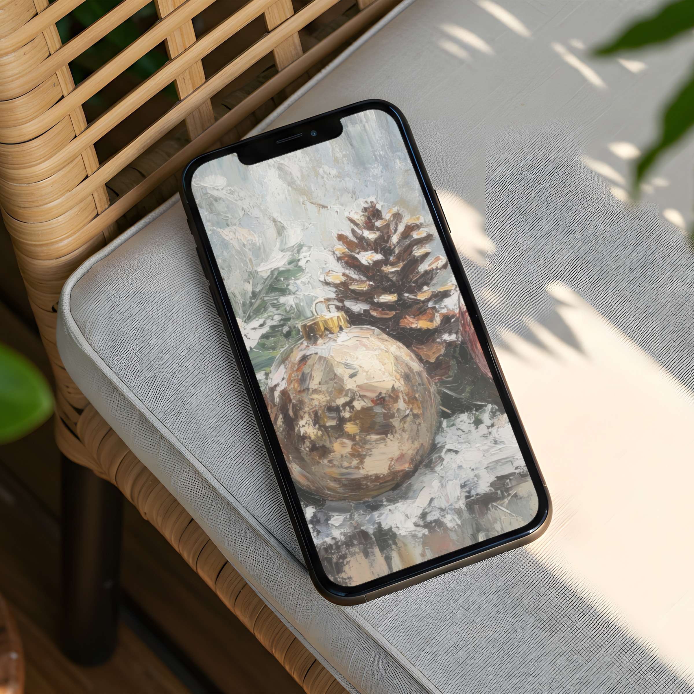 Elegant iPhone background featuring a serene pine cone and ornament painting perfect for mindfulness instant download to your phone