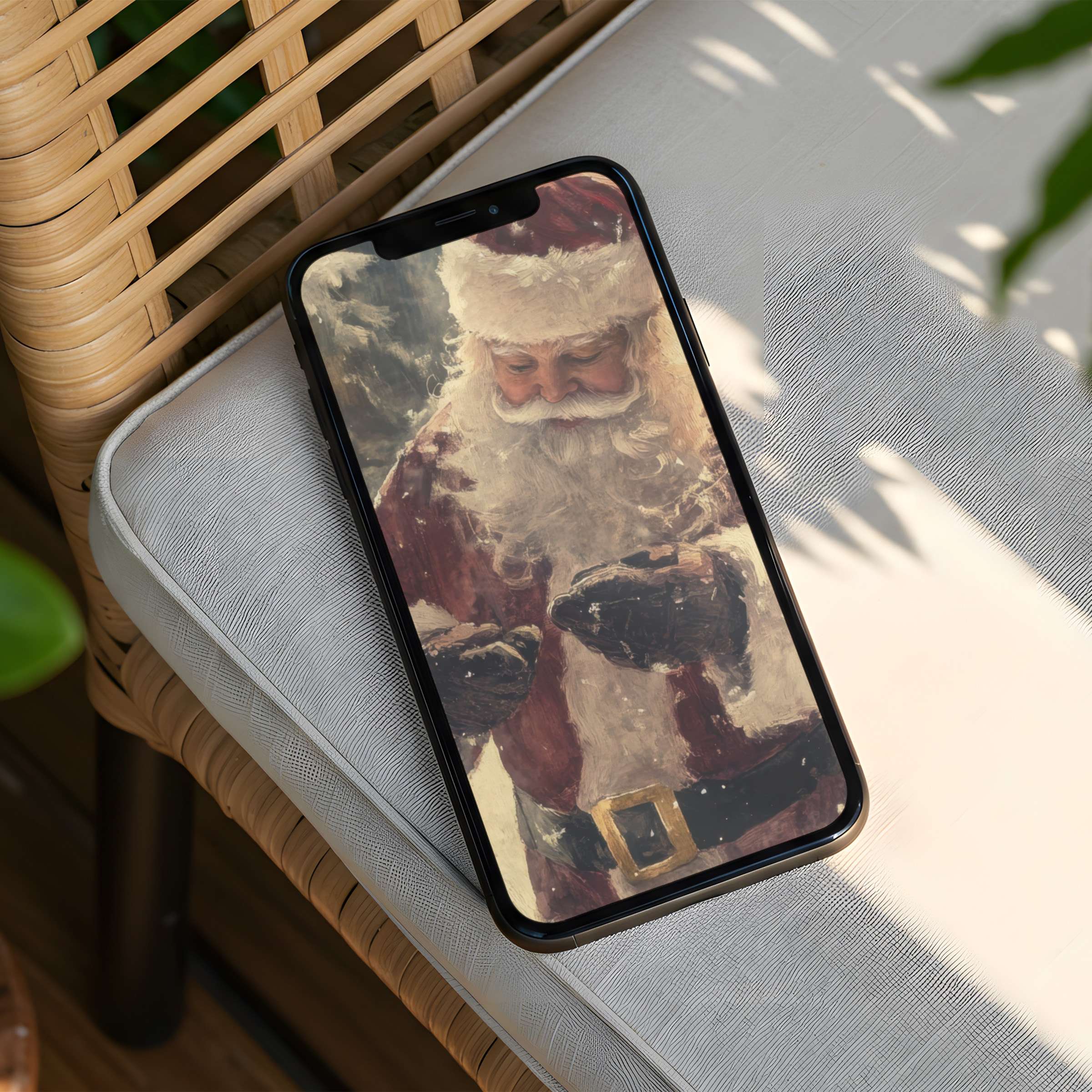 Cozy holiday-themed iPhone background featuring Santa Claus offers instant download for your phone creating calm and elegant vibes