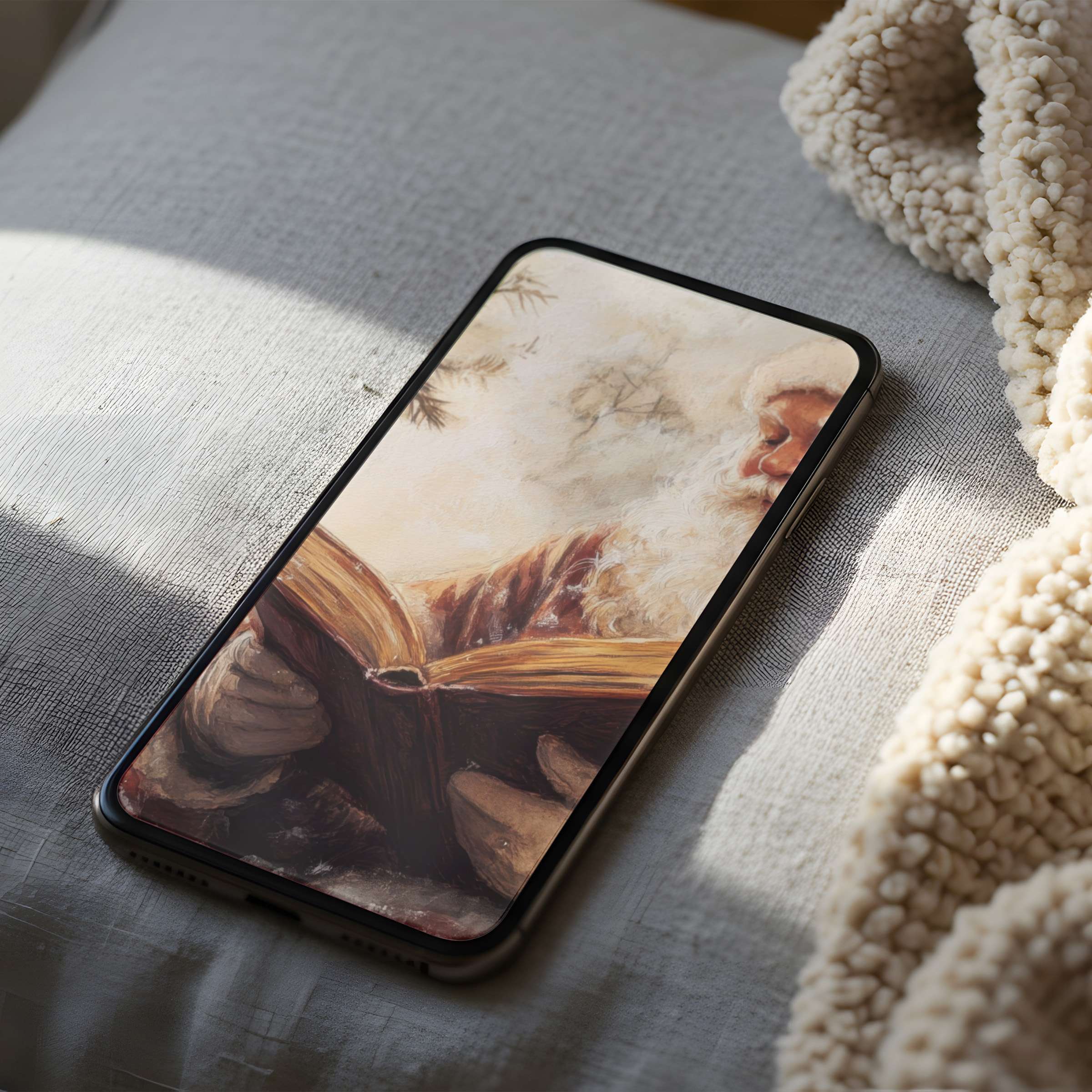 Elegant Santa reading scene for a serene phone wallpaper offering high resolution digital download perfect for iPhone or Android use
