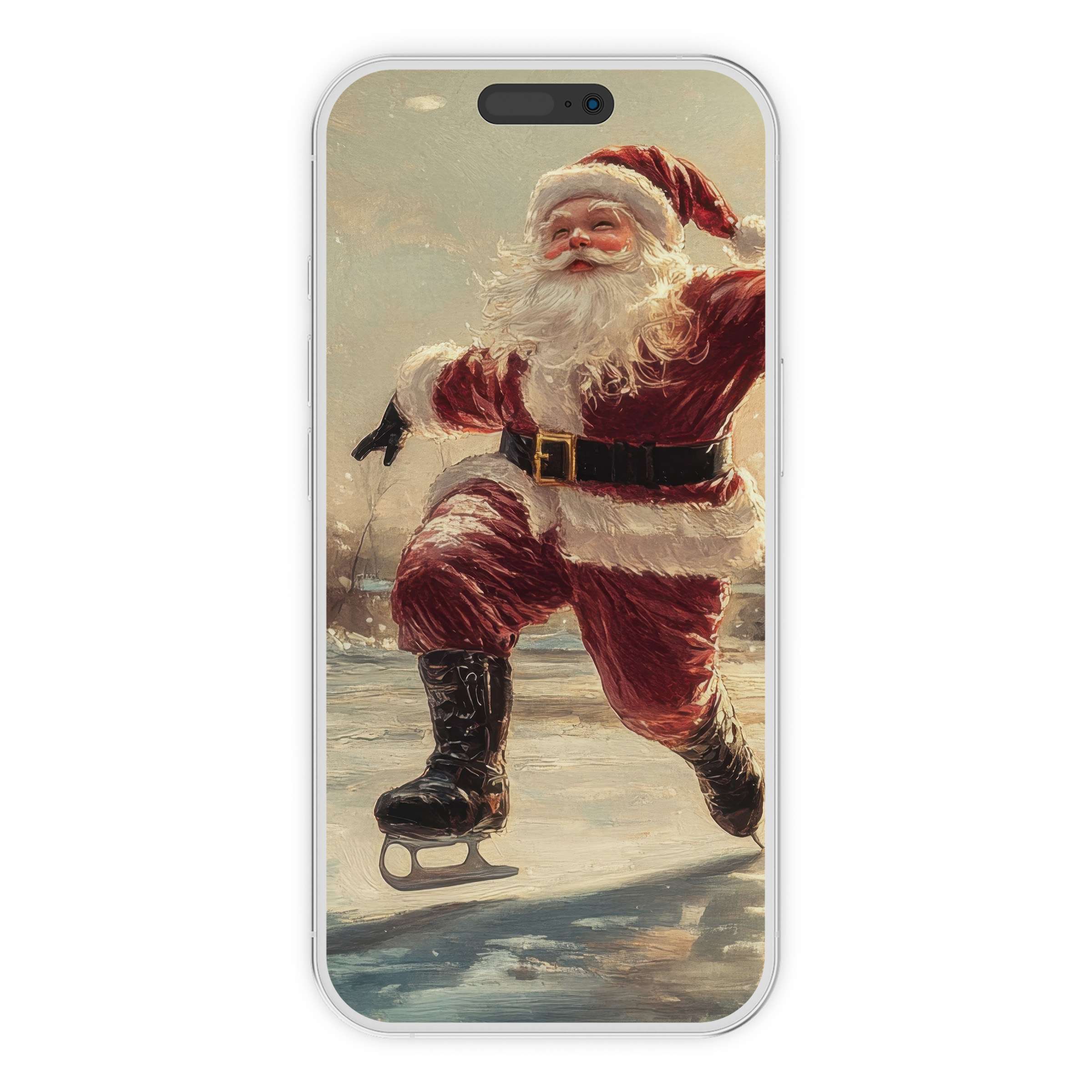 Skating Santa vintage painting for elegant christmas iPhone wallpaper digital download cozy phone background festive charm