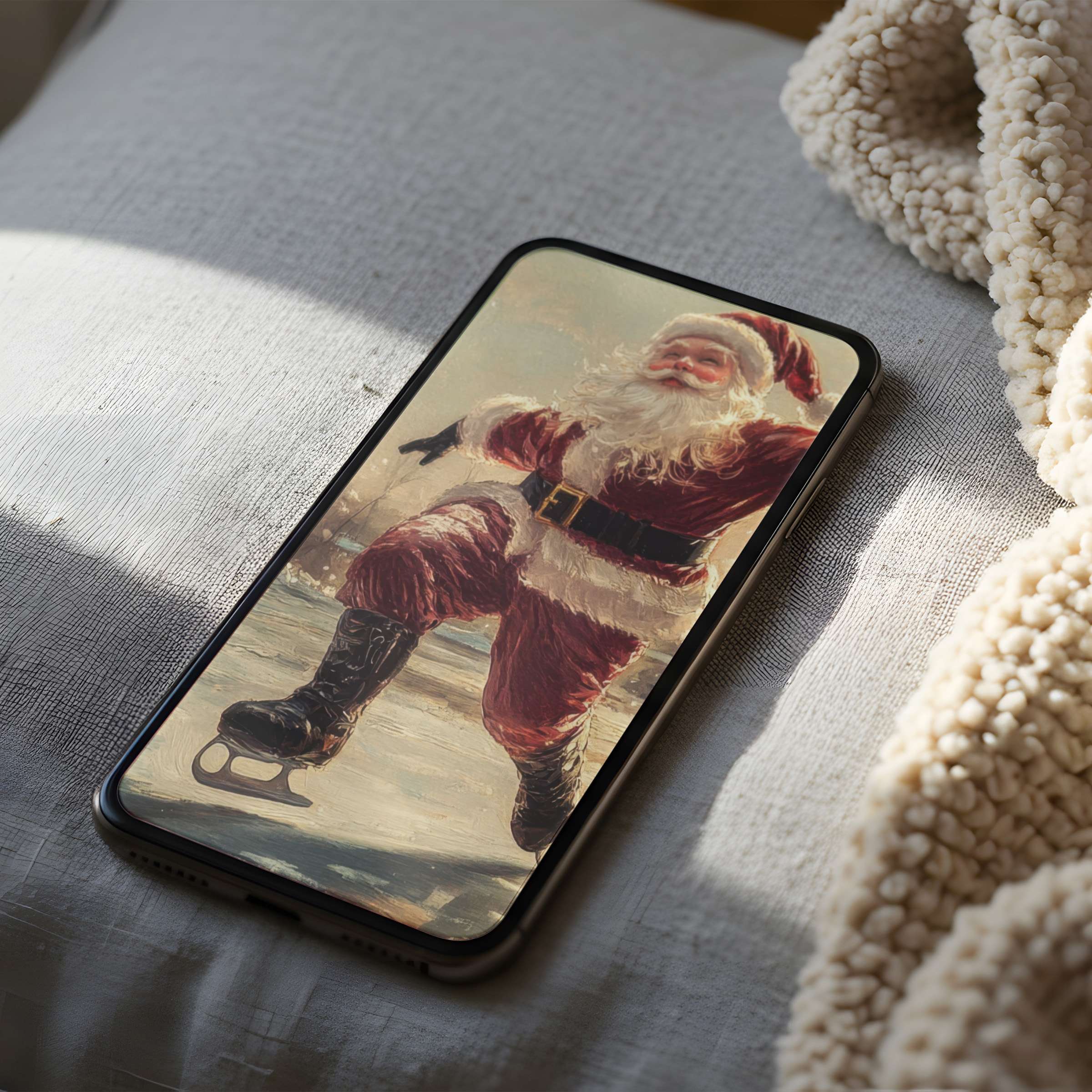 Skating Santa phone wallpaper in high resolution, blending festive charm with elegance for iPhone and Android digital downloads