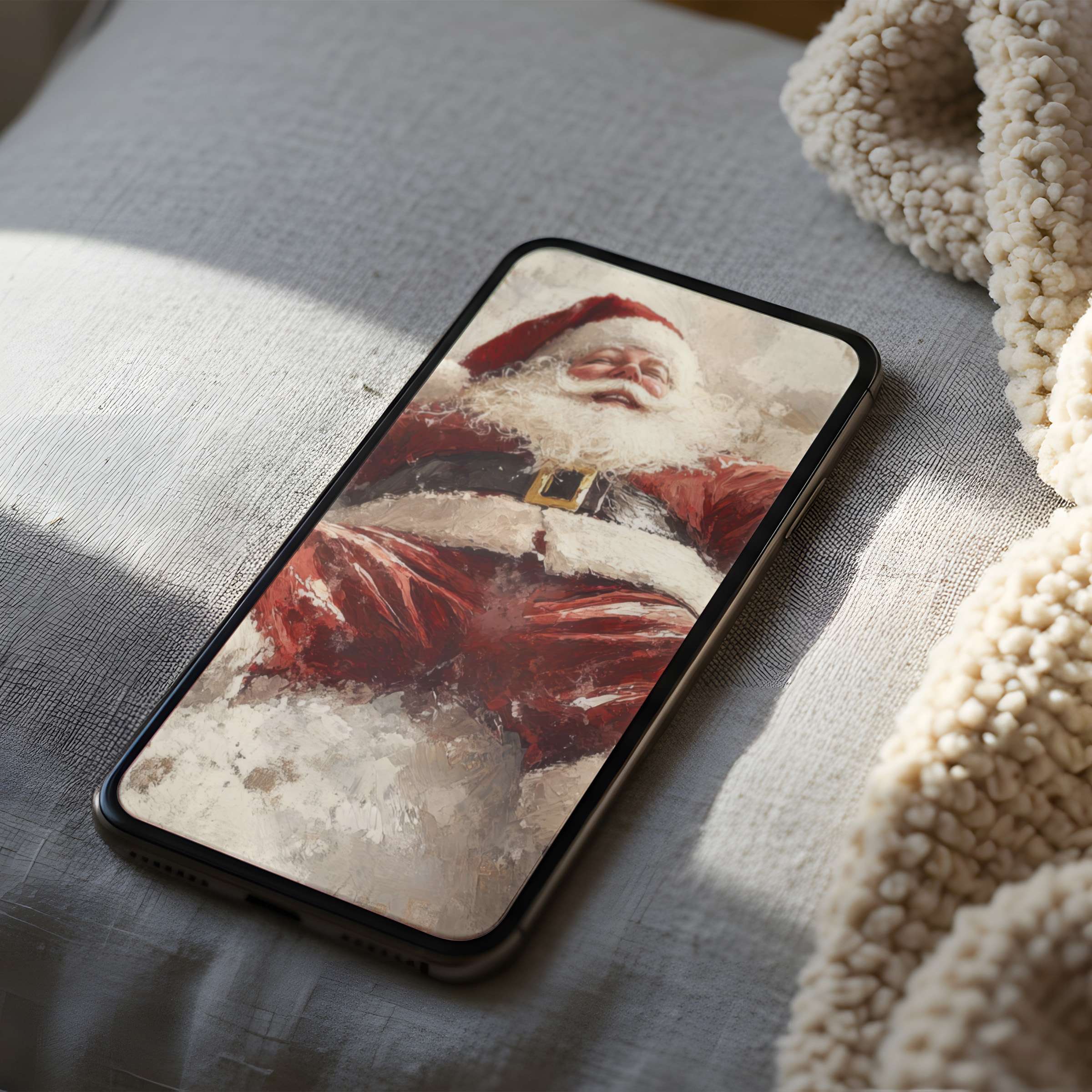 Phone wallpaper featuring a serene Santa in rich reds, perfect for iPhone and Android users seeking festive artistic elegance and digital download ease