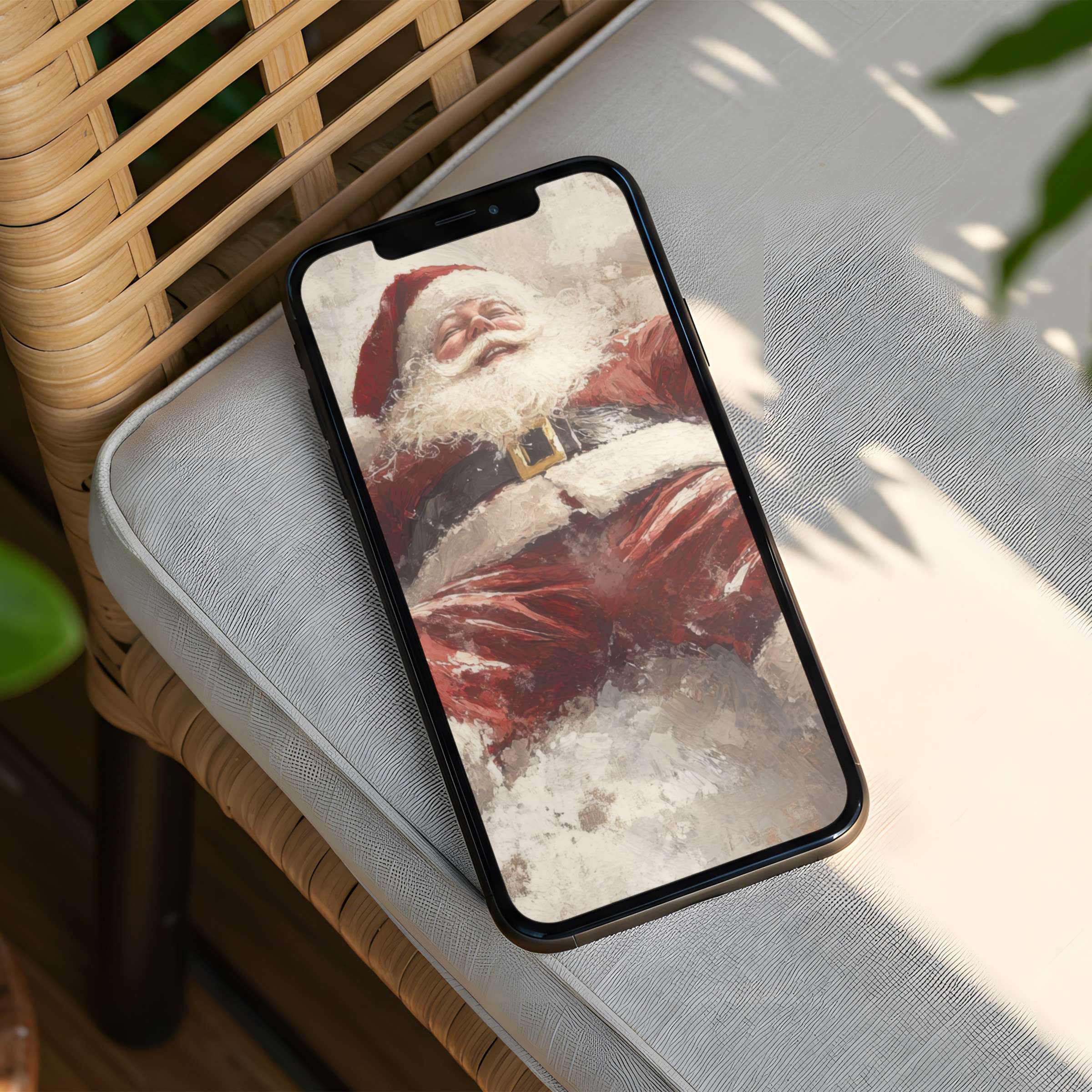 Cozy vintage Santa art iPhone background offers instant download for phone tranquility, elegance, and design inspiration