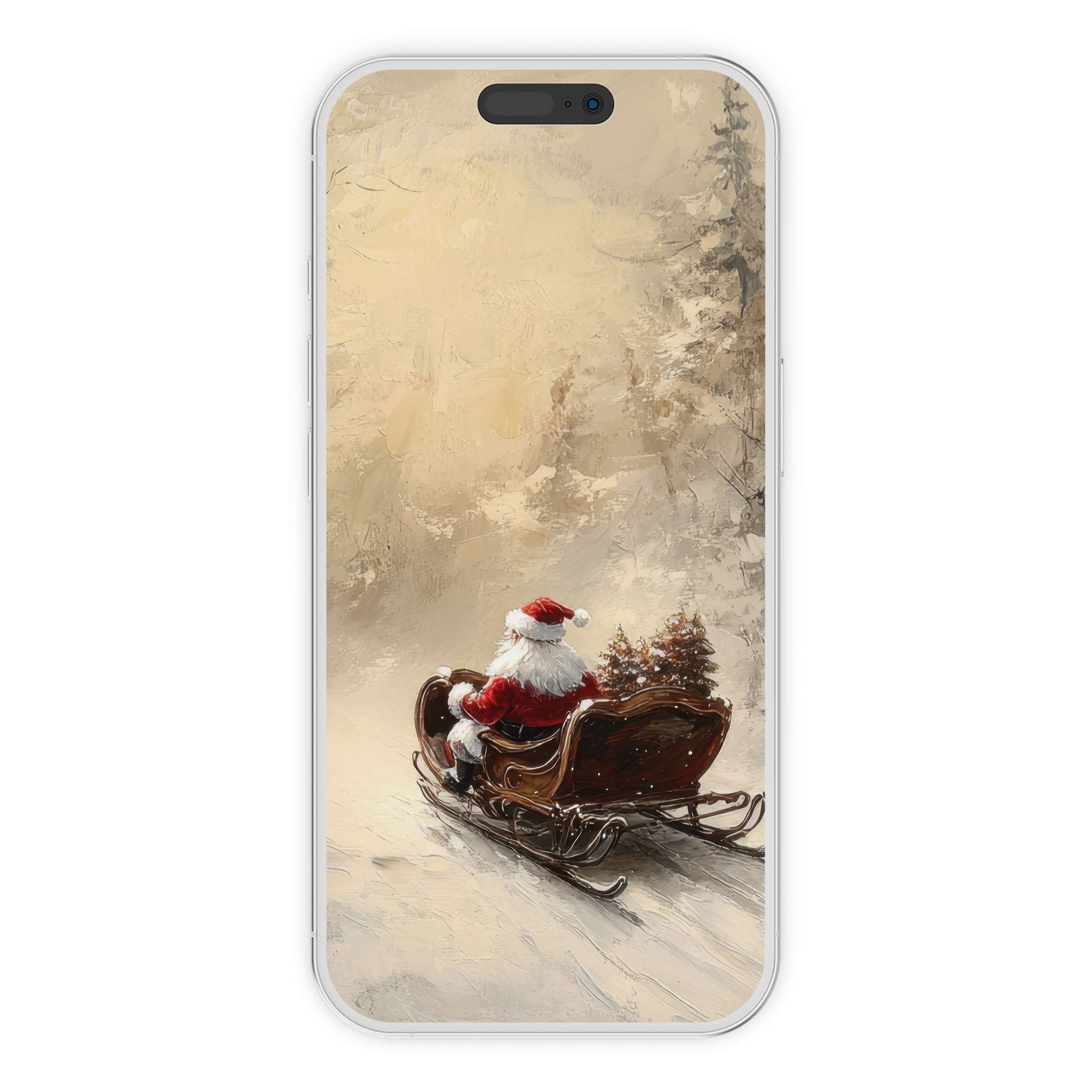 Elegant christmas iPhone wallpaper with Santa in a snowy sleigh ride background for a serene phone digital download, perfect for holiday ambiance