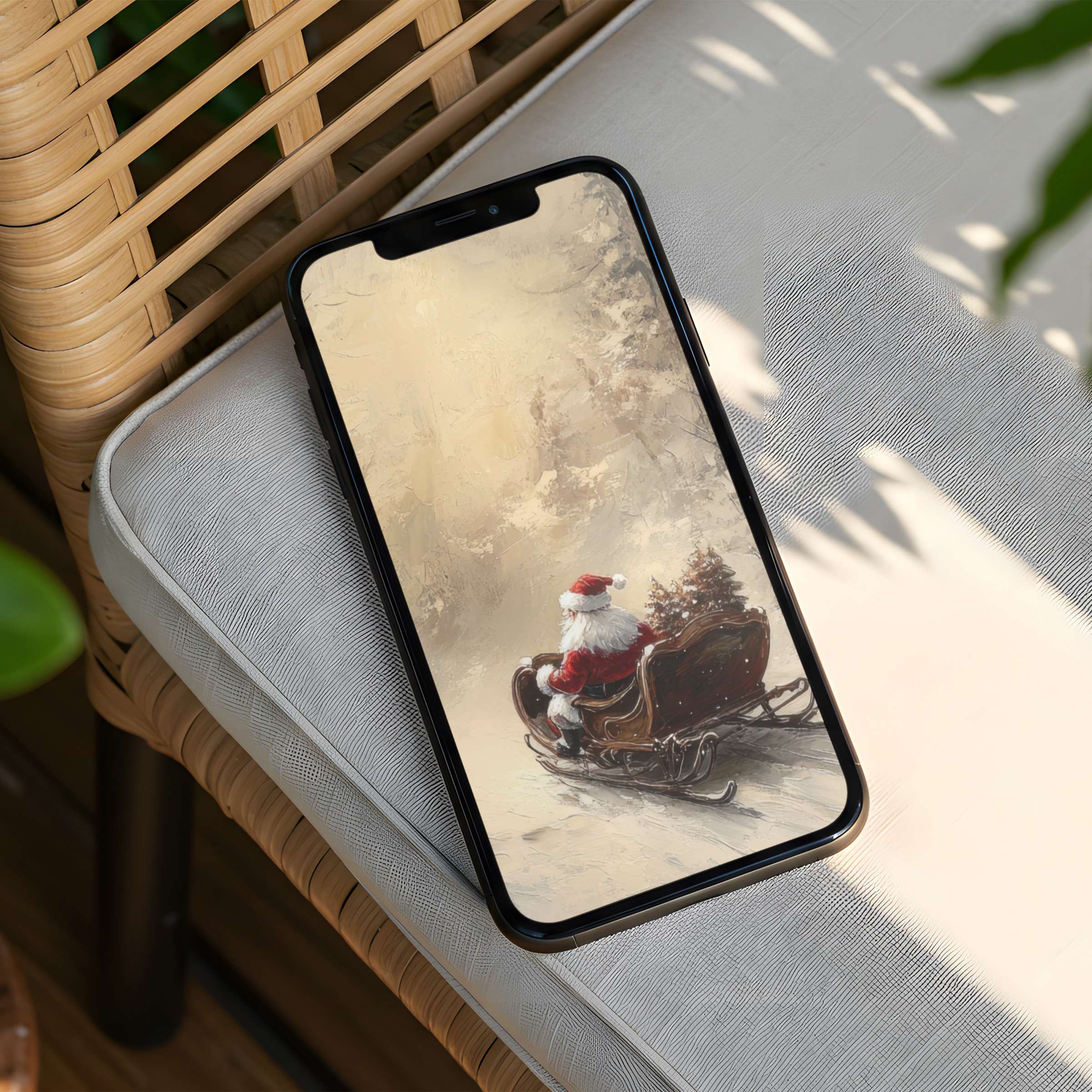 Elegant winter scene iPhone background featuring Santa in a sleigh for mindfulness and calm instant download for any phone
