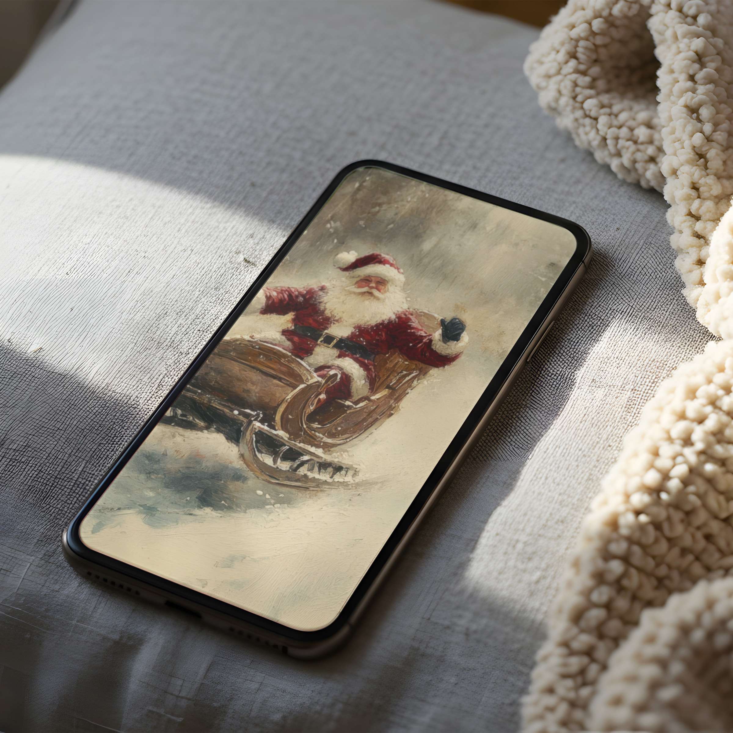 Elegant Santa in sleigh phone wallpaper captures festive warmth, perfect for iPhone or Android, offering high resolution tranquility