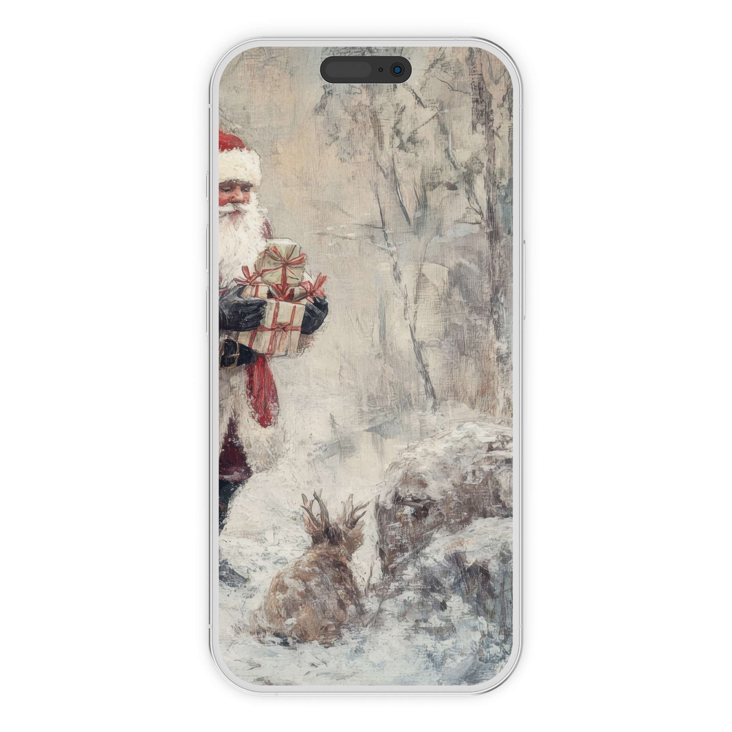 Elegant christmas iPhone wallpaper featuring Santa in a snowy forest with gifts, a serene background for your phone digital download