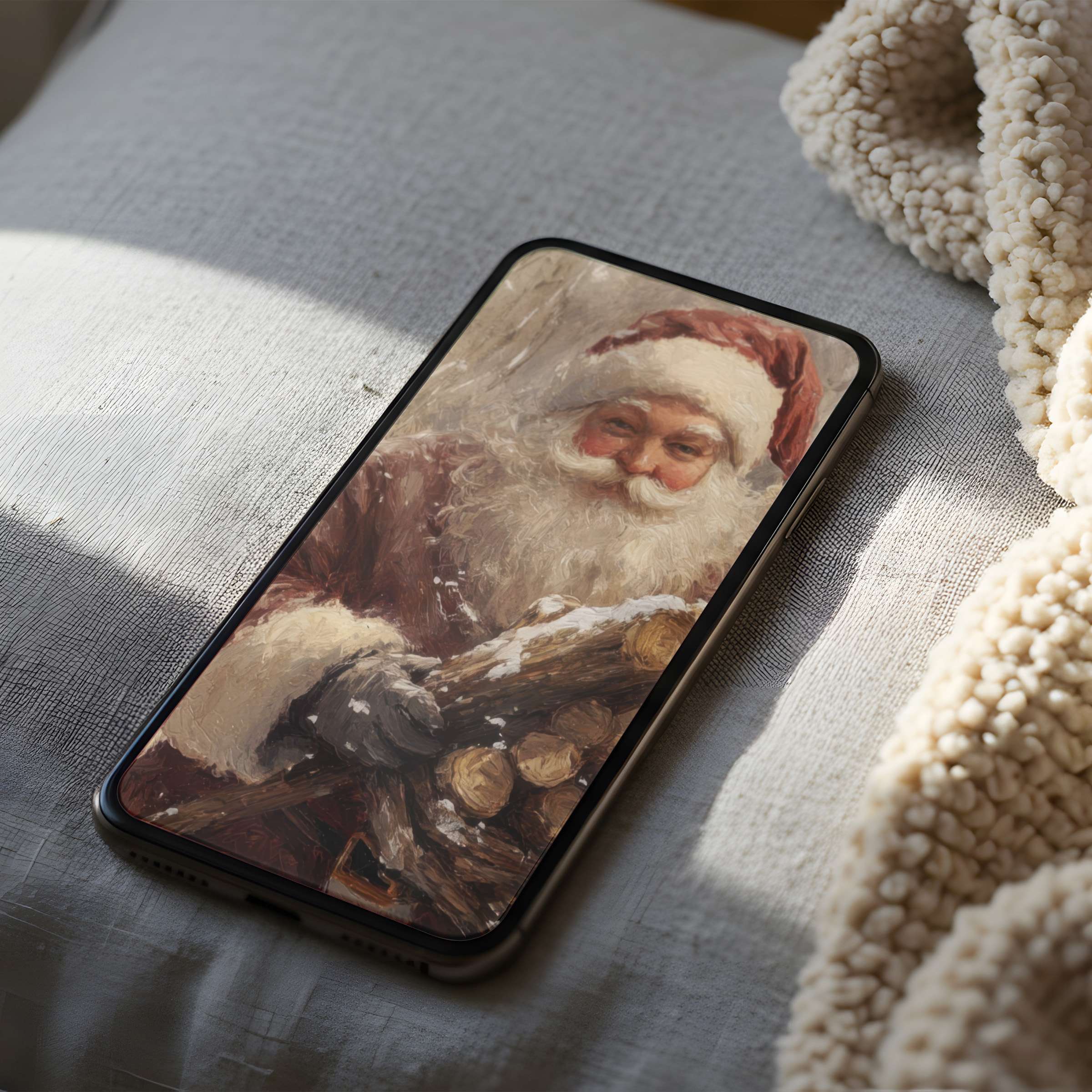 Cozy holiday-themed phone wallpaper featuring a classic winter scene, high resolution for iPhone and Android download, brings warmth and charm