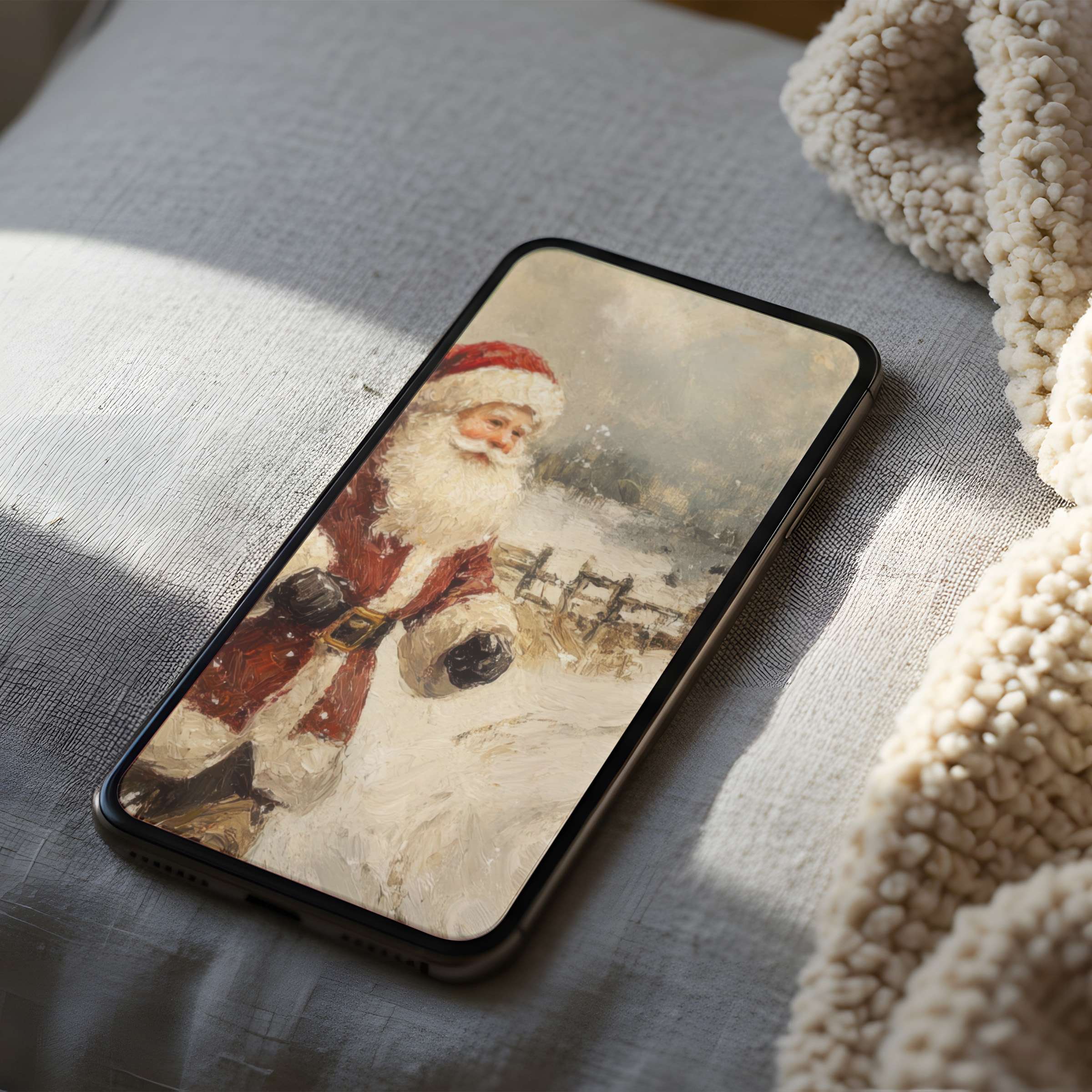 Vintage Santa phone wallpaper in soft, snowy hues brings timeless charm to your iPhone or Android, perfect as a high-resolution download