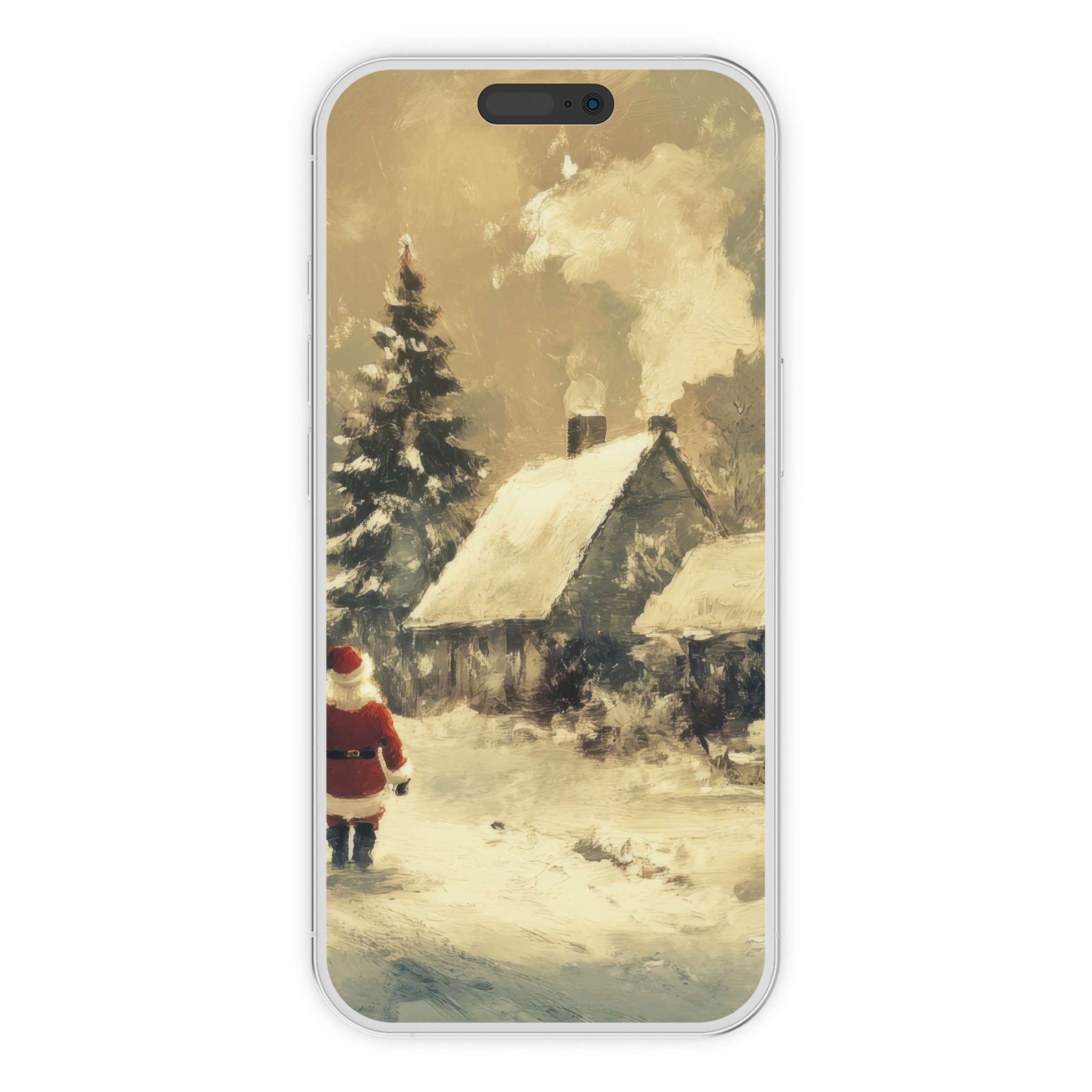 Christmas iPhone wallpaper showcasing a serene snowy village scene, featuring Santa Aesthetic digital download for elegant phone backgrounds
