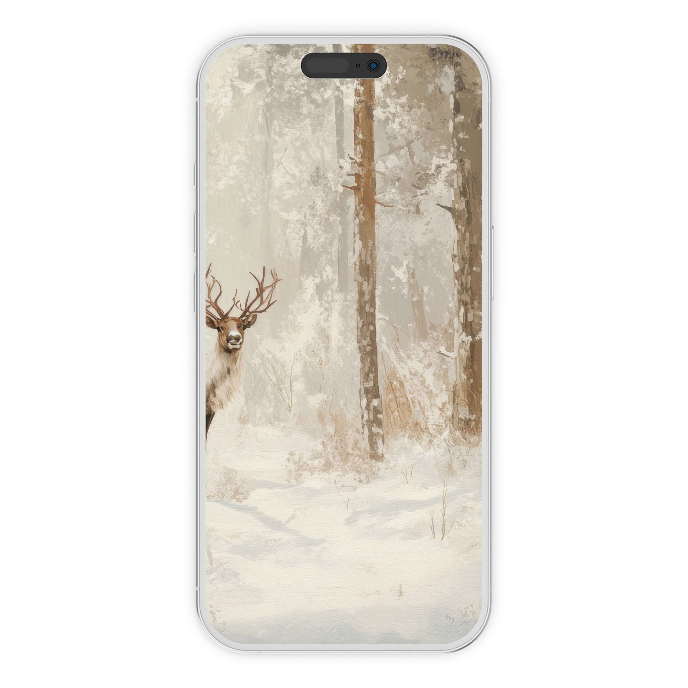 Elegant christmas iPhone wallpaper featuring a serene snowy forest with a majestic deer for an inspiring digital download phone background