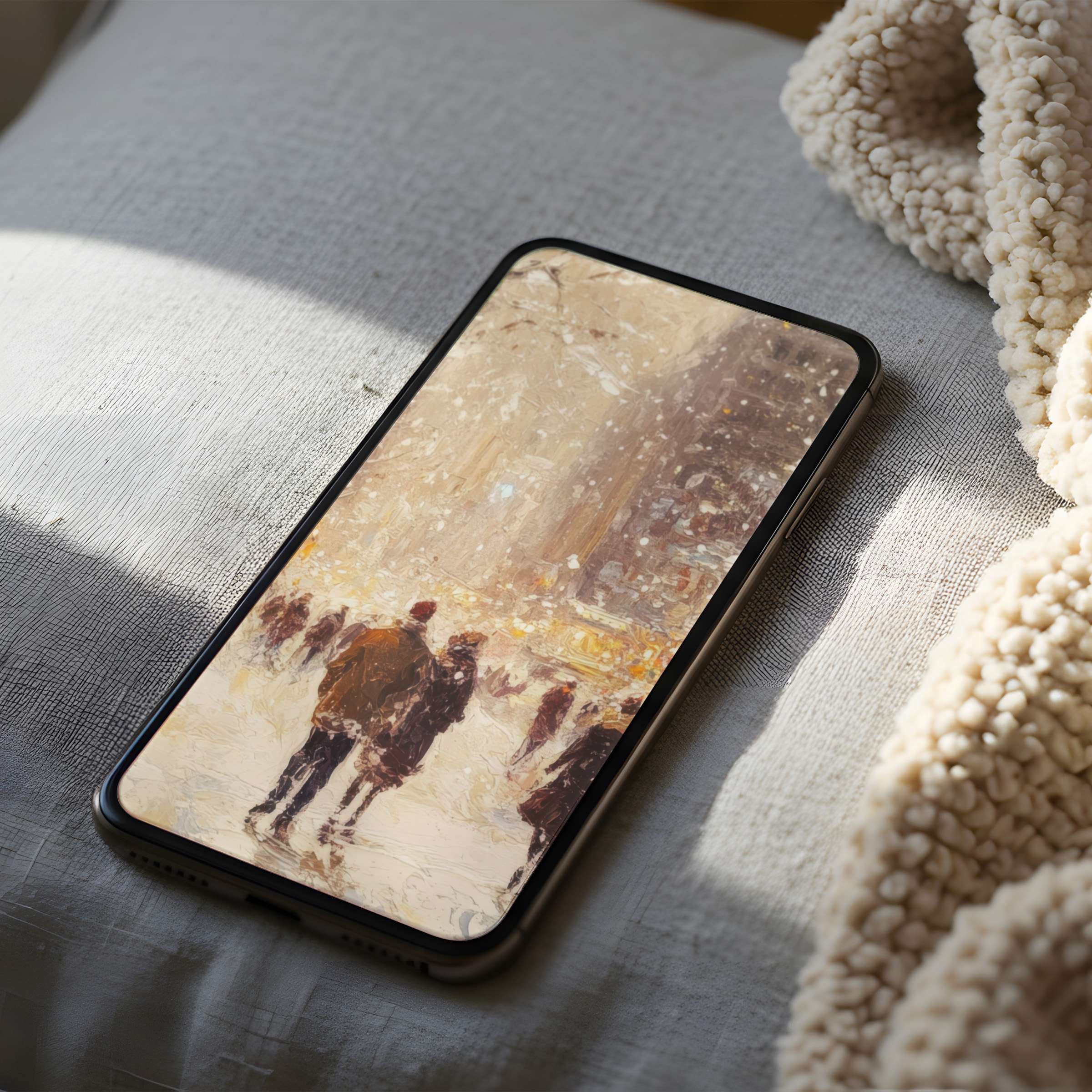 Elegant winter cityscape phone wallpaper with muted colors provides a serene ambiance for iPhone and Android, available as a digital download