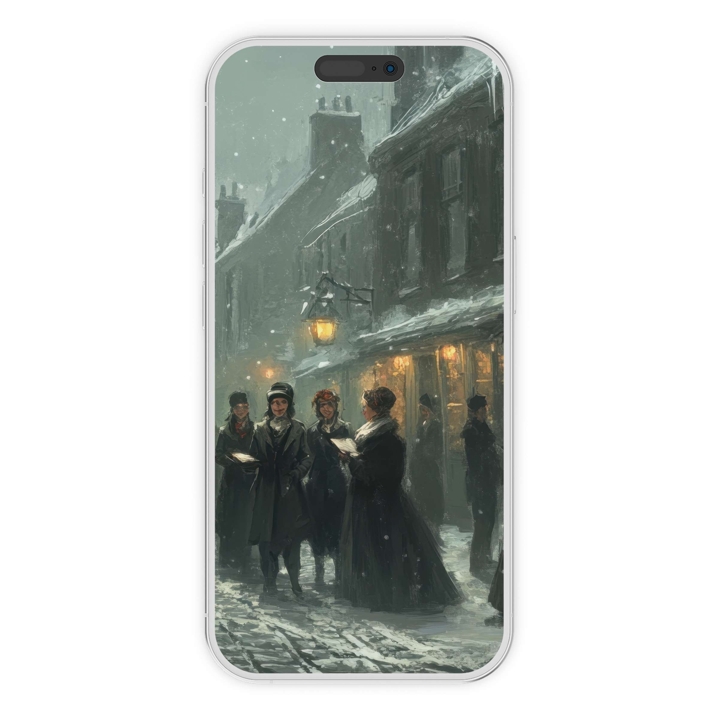 Charming vintage christmas iPhone wallpaper with a snowy street scene digital download for a serene phone background on any device