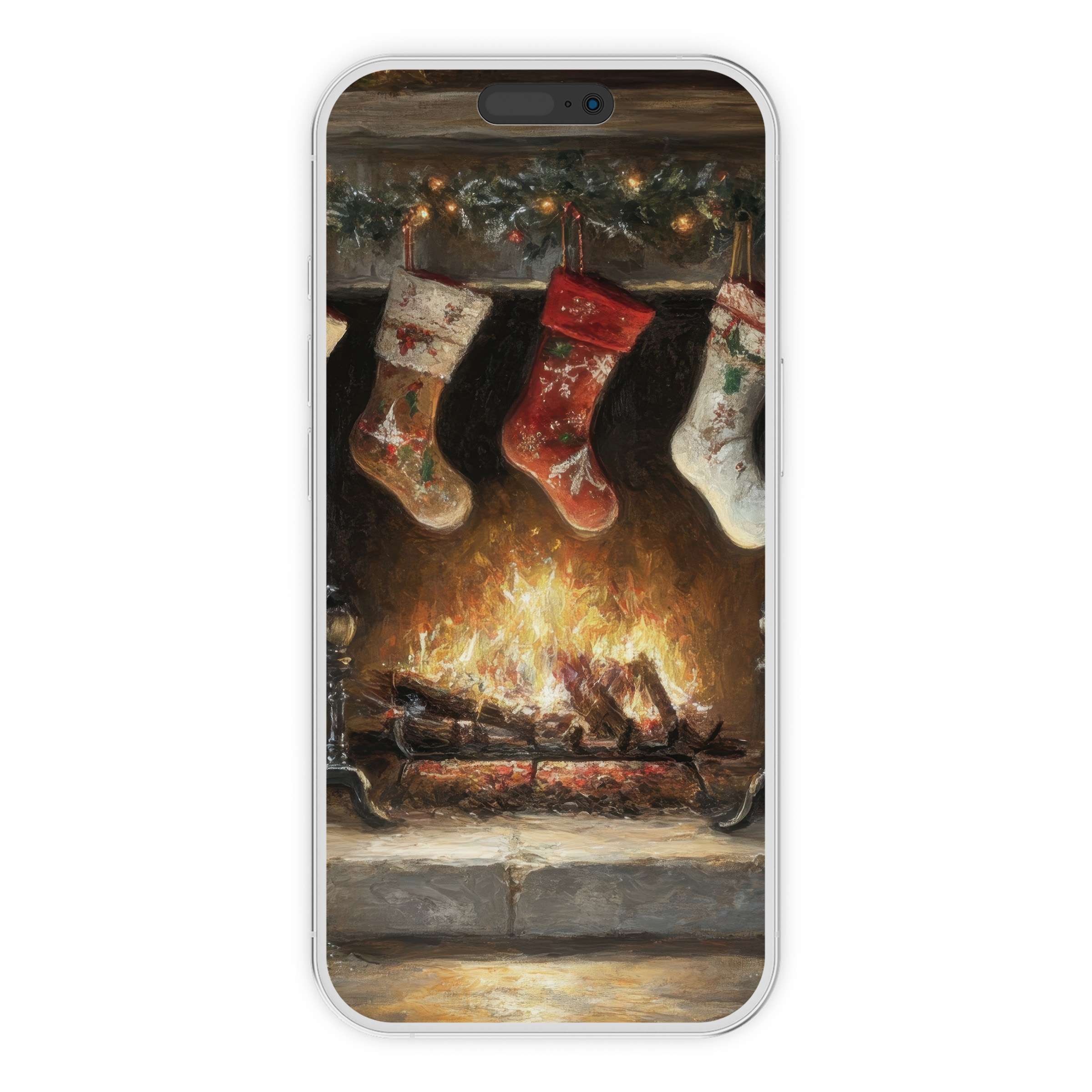 Cozy and elegant christmas iPhone wallpaper featuring glowing fireplace with stockings, ideal phone background digital download