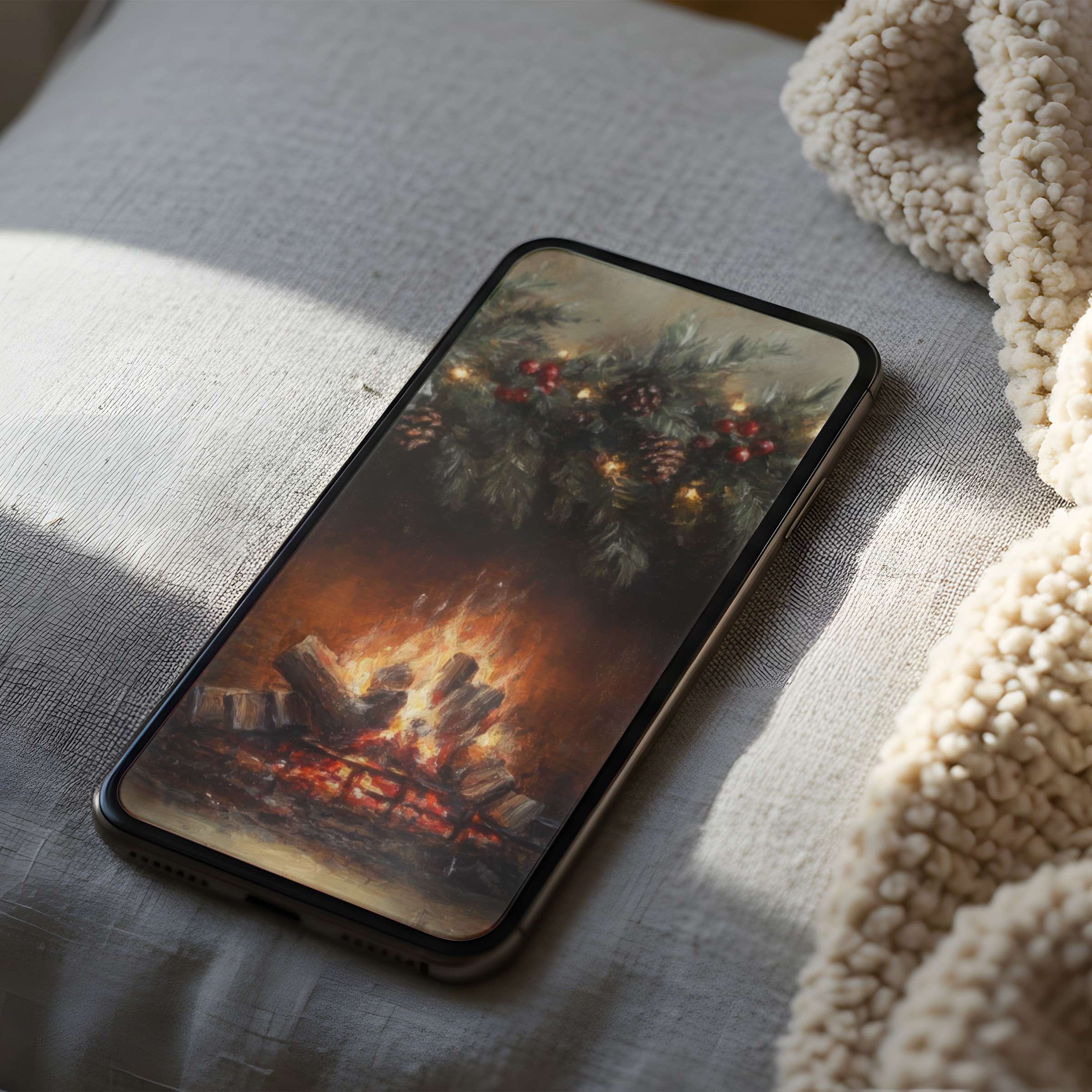 Cozy fireplace scene phone wallpaper with warm tones and pine greenery evokes tranquility suitable for high resolution digital download