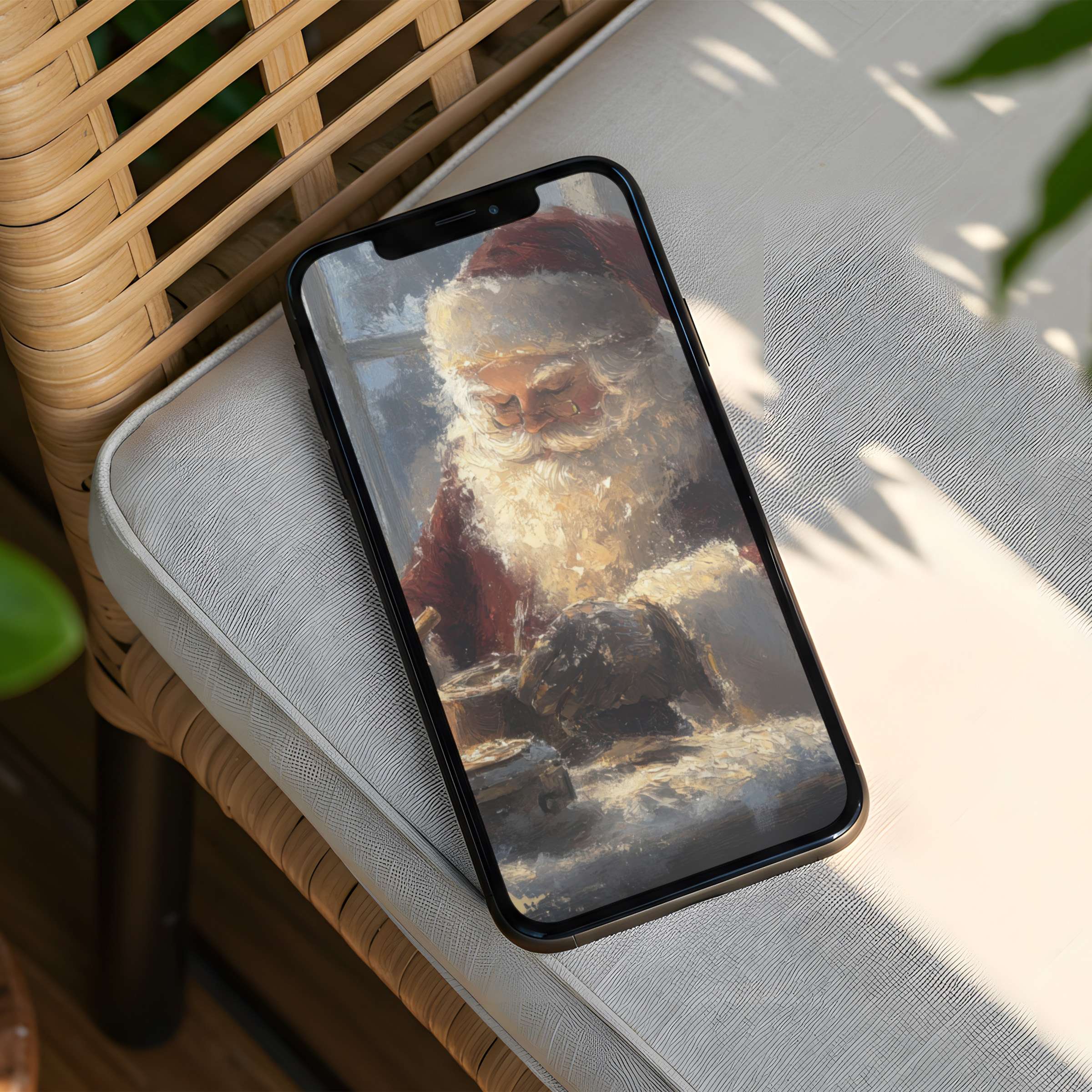 Warm and artistic Santa Claus iPhone background offers instant download for phone screens delivering calm and elegant festive inspiration