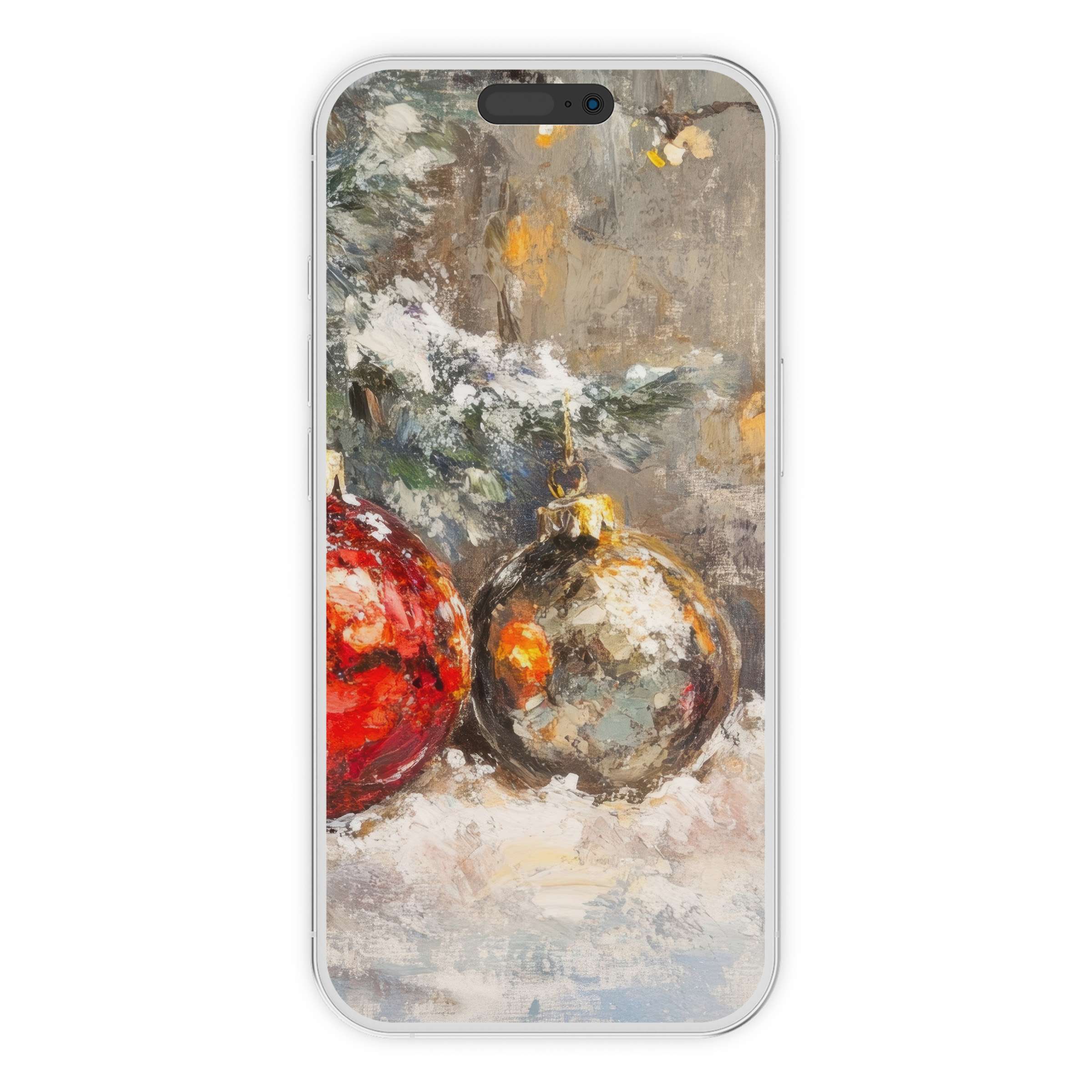 Elegant christmas iPhone wallpaper featuring festive ornaments in a serene snowy background digital download for any phone screen