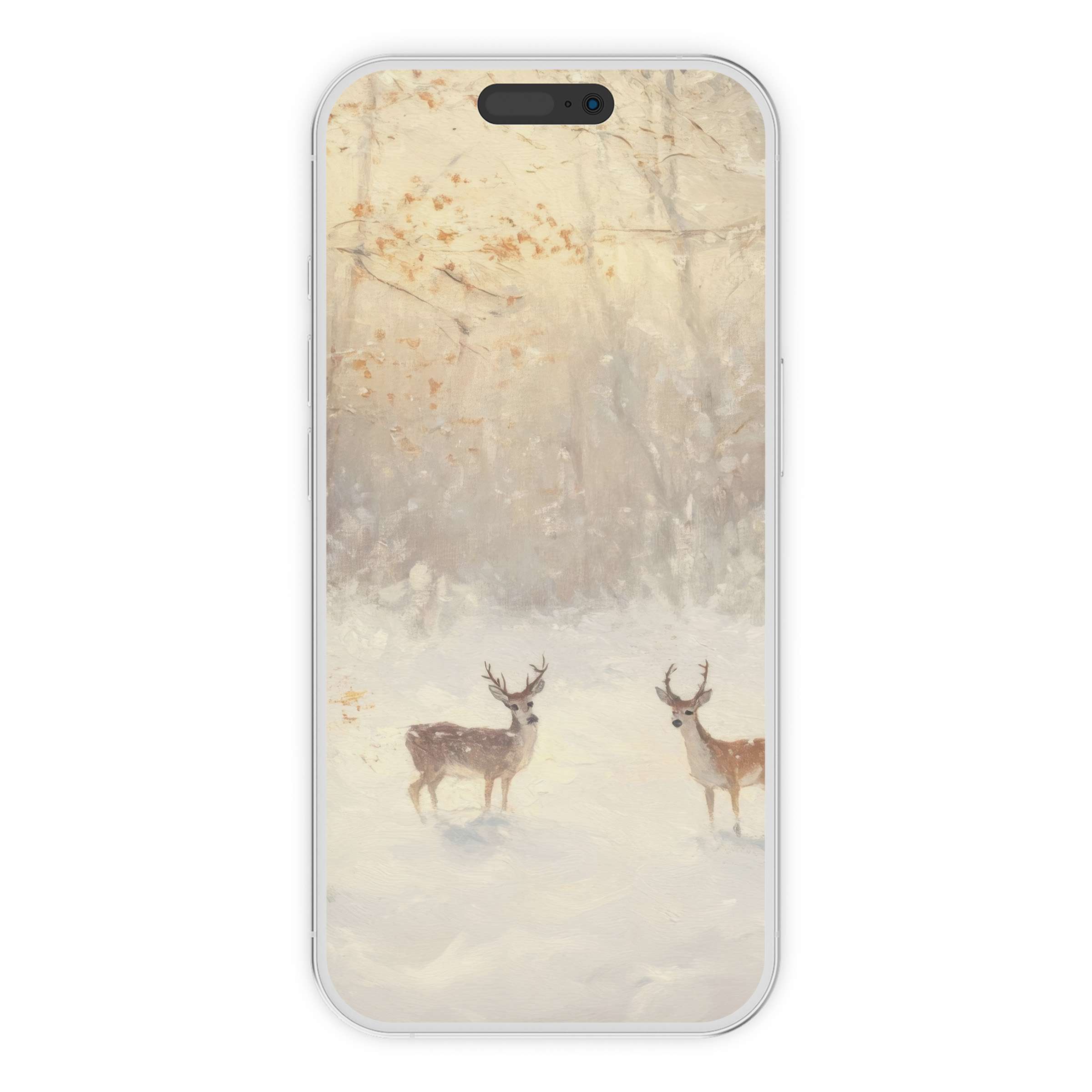 Elegant christmas iPhone wallpaper with serene deer in snowy forest, perfect background for phone ambiance, digital download included