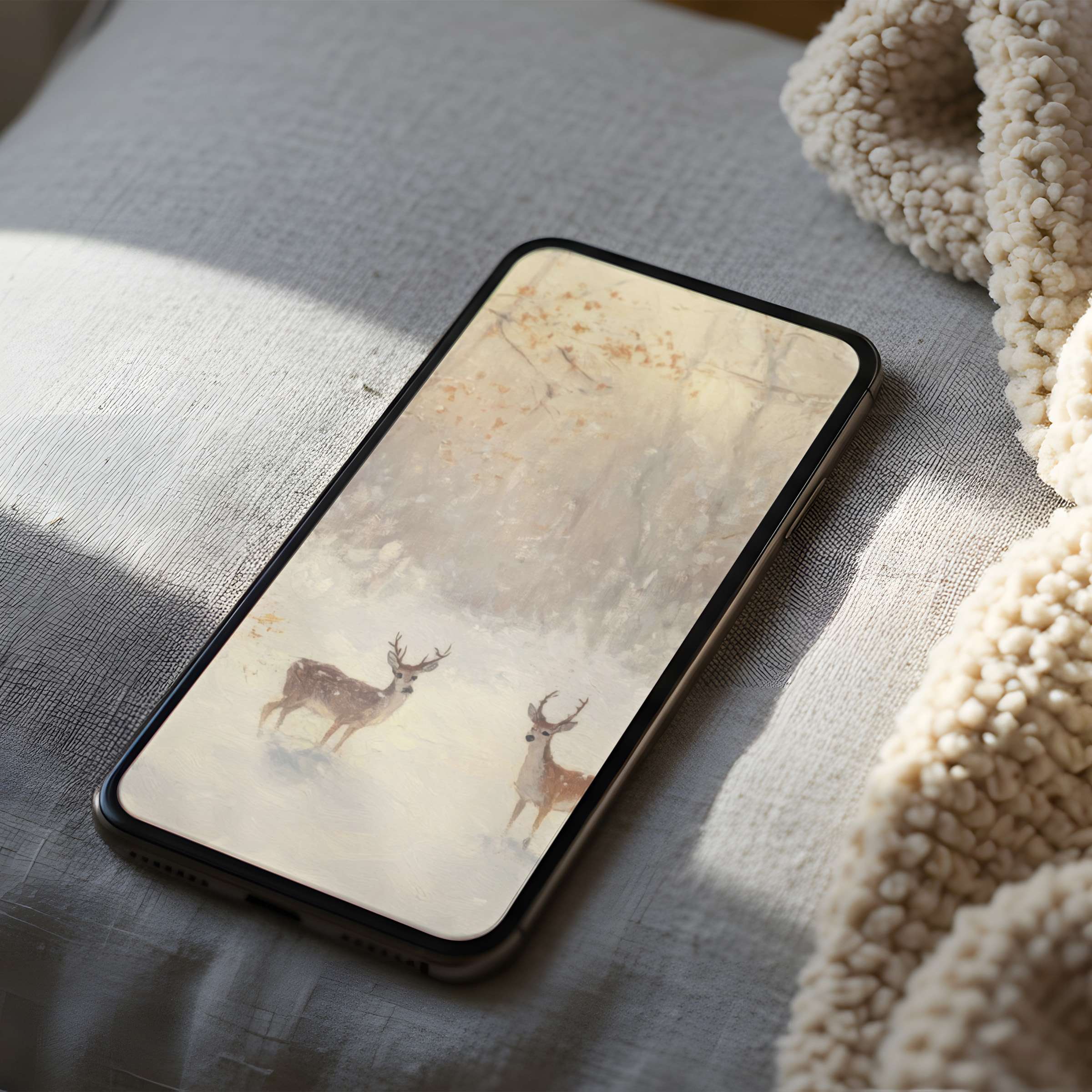 Elegant high-resolution phone wallpaper featuring serene deer in soft winter tones, perfect for iPhone or Android users seeking tranquility