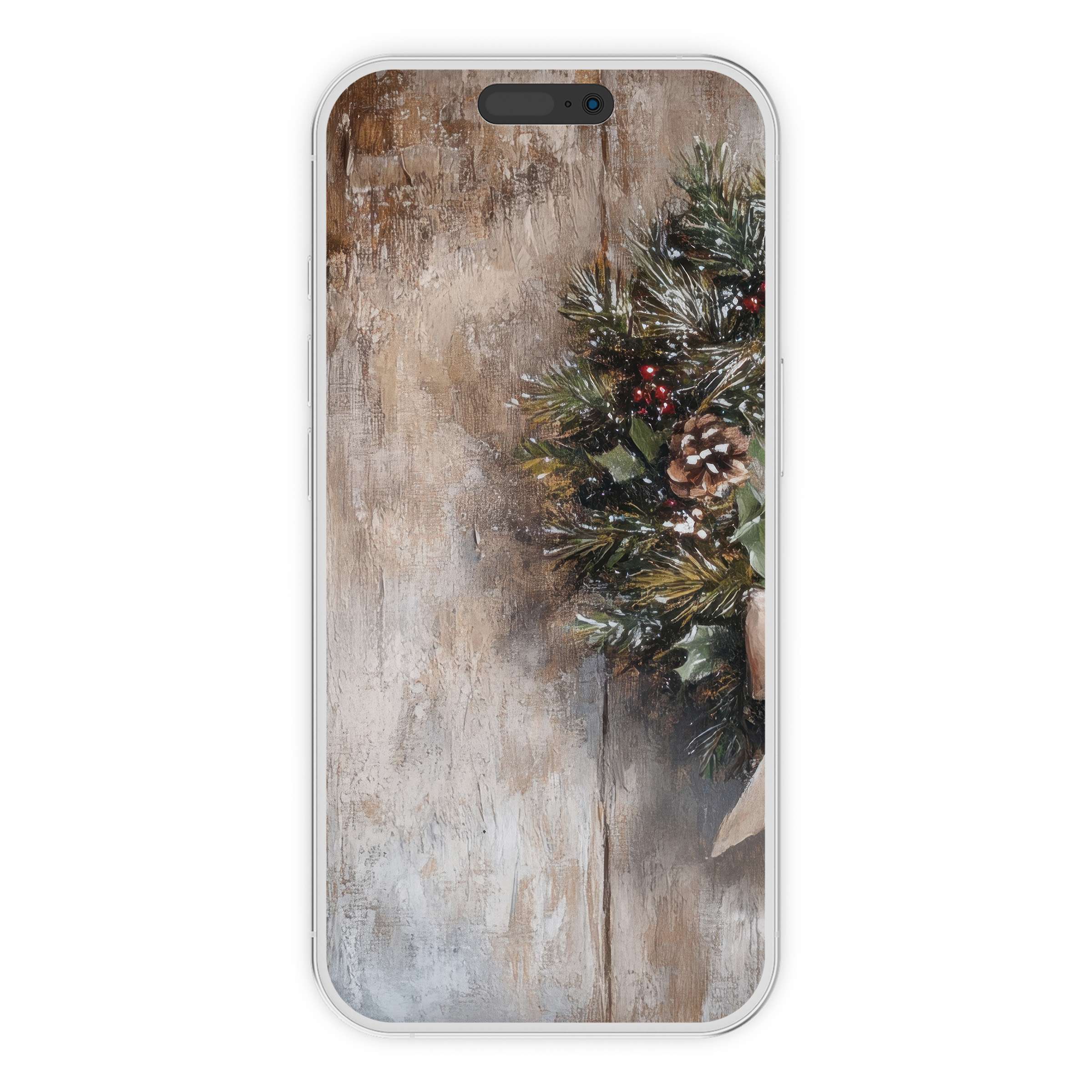 Elegant christmas iPhone wallpaper featuring a rustic wreath with pinecones and berries, perfect digital download for calming phone background