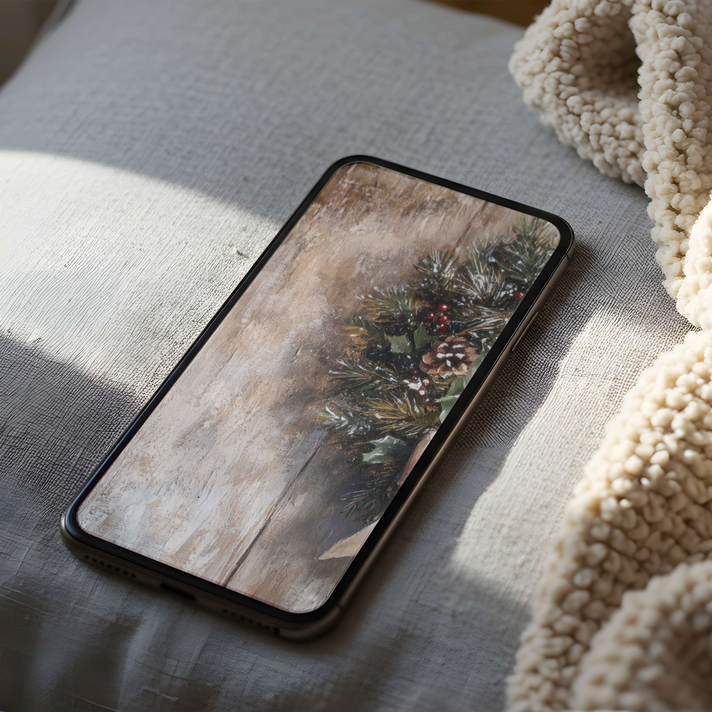 Elegant evergreen phone wallpaper with pinecones offers calm tones for iPhone and Android digital download in high resolution