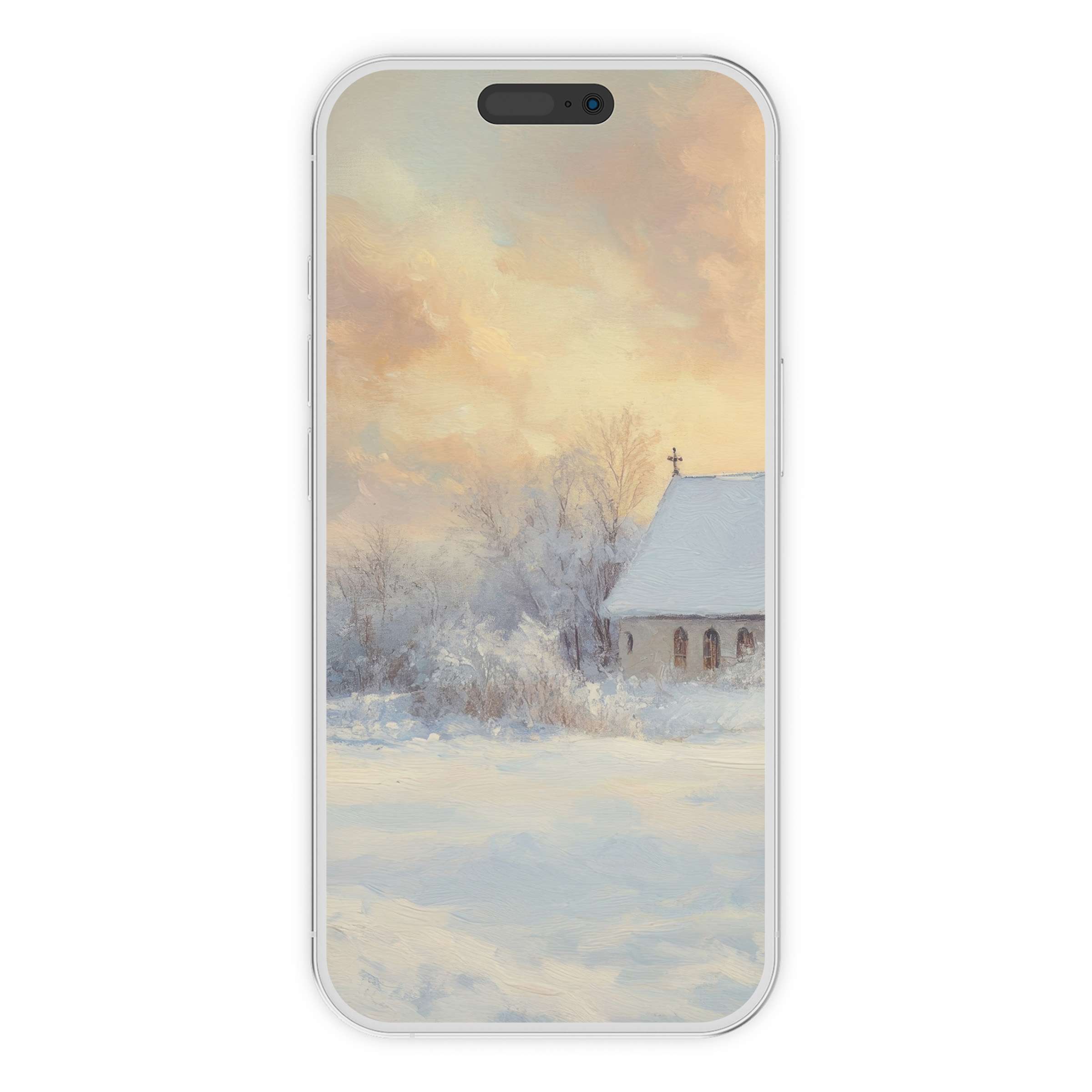 Elegant christmas iPhone wallpaper with snowy church scene, serene sunset background suitable for any digital download phone screen