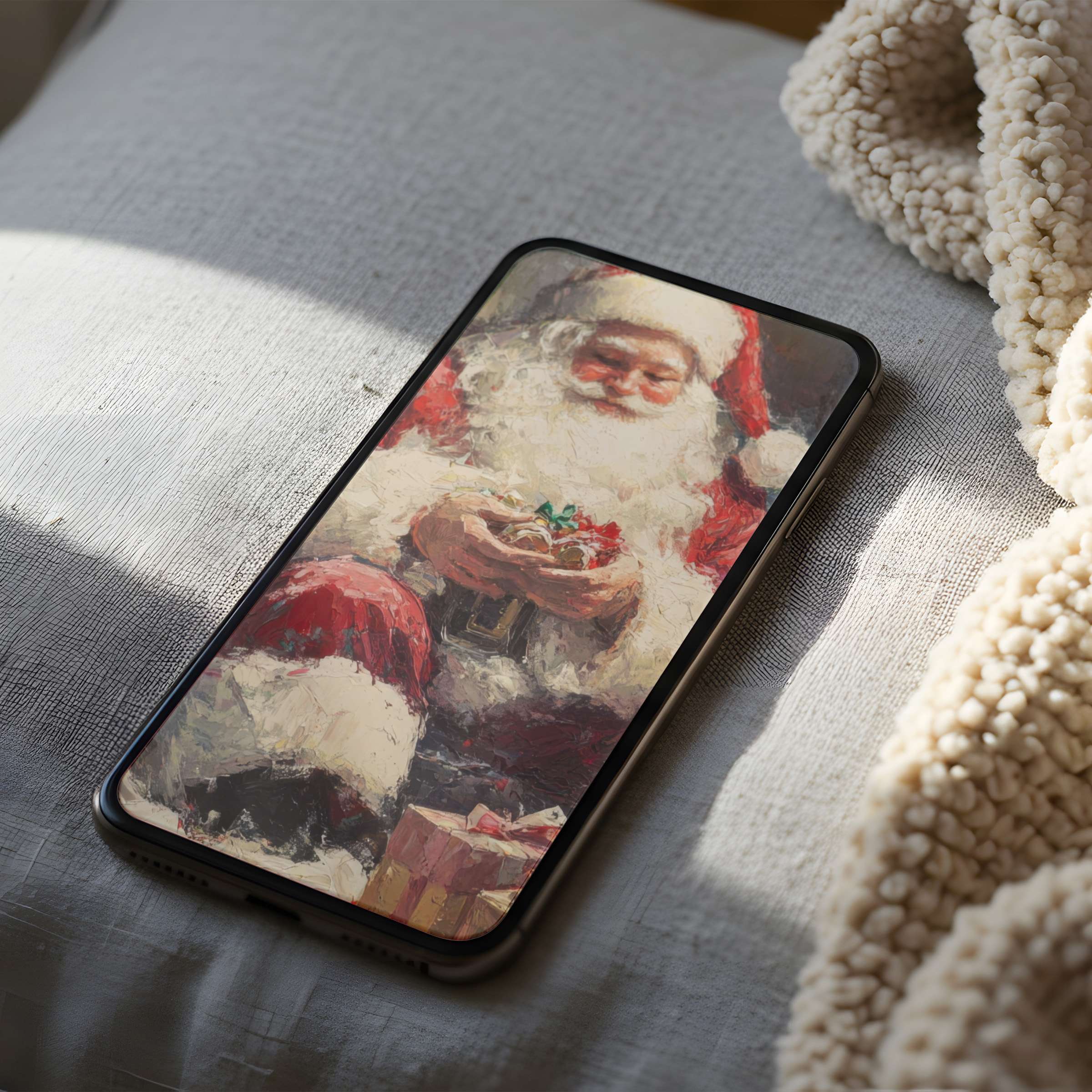 Elegant phone wallpaper featuring a festive Santa Claus in rich reds and whites evokes warmth and joy in high resolution download
