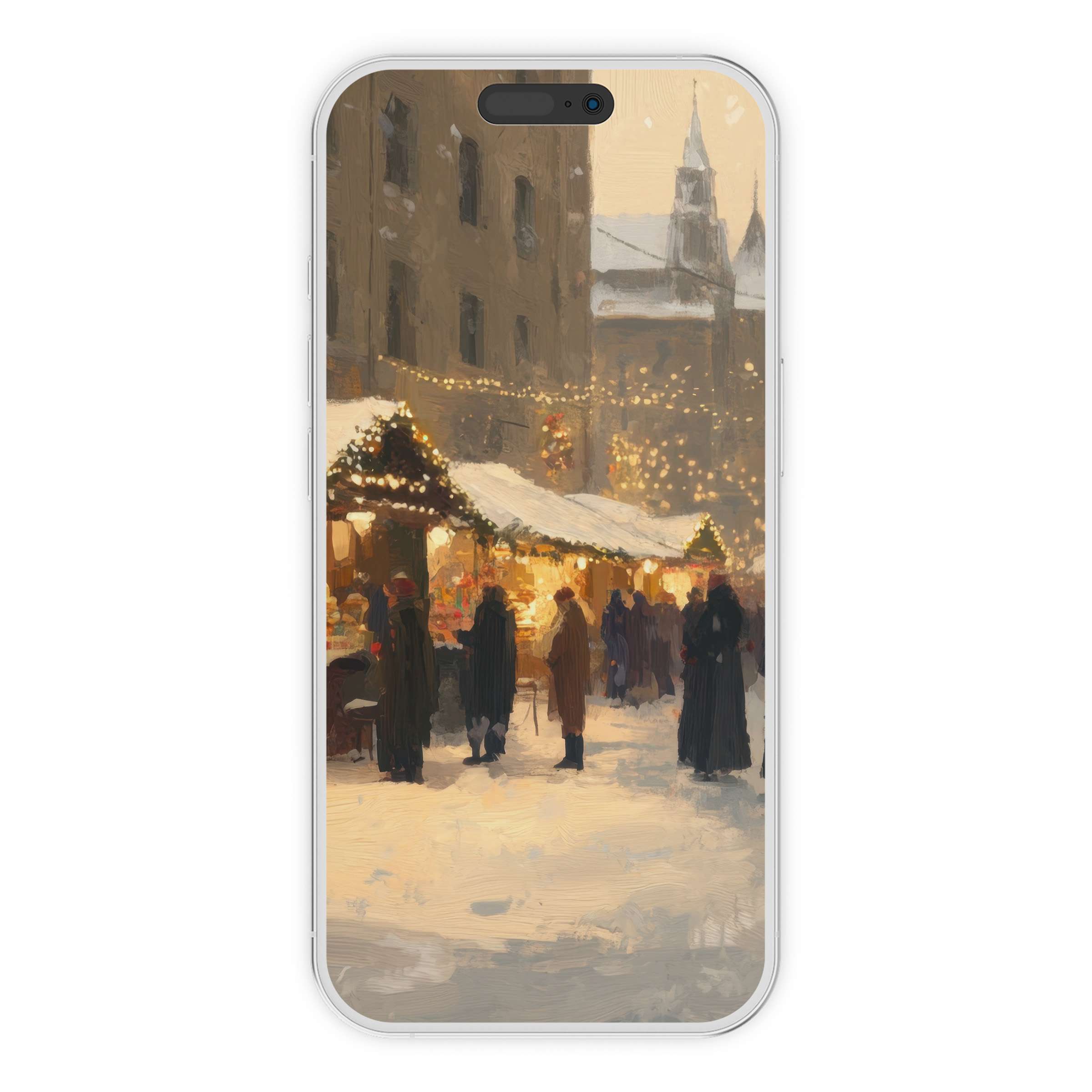 Cozy Christmas iPhone wallpaper with glowing market scene offers a serene digital download phone background perfect for any device