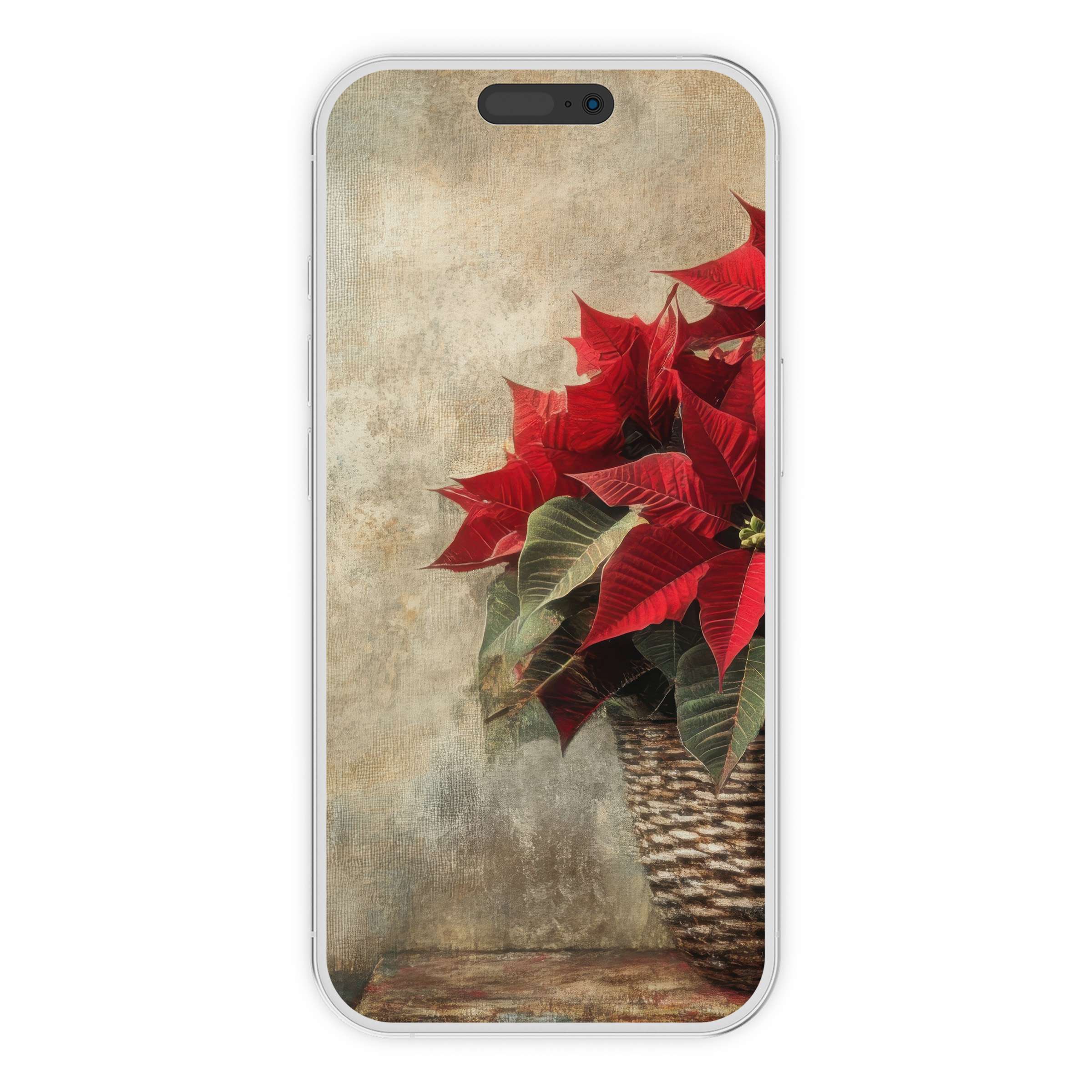 Elegant Christmas iPhone wallpaper featuring vibrant poinsettias in a rustic basket offers a serene phone background digital download