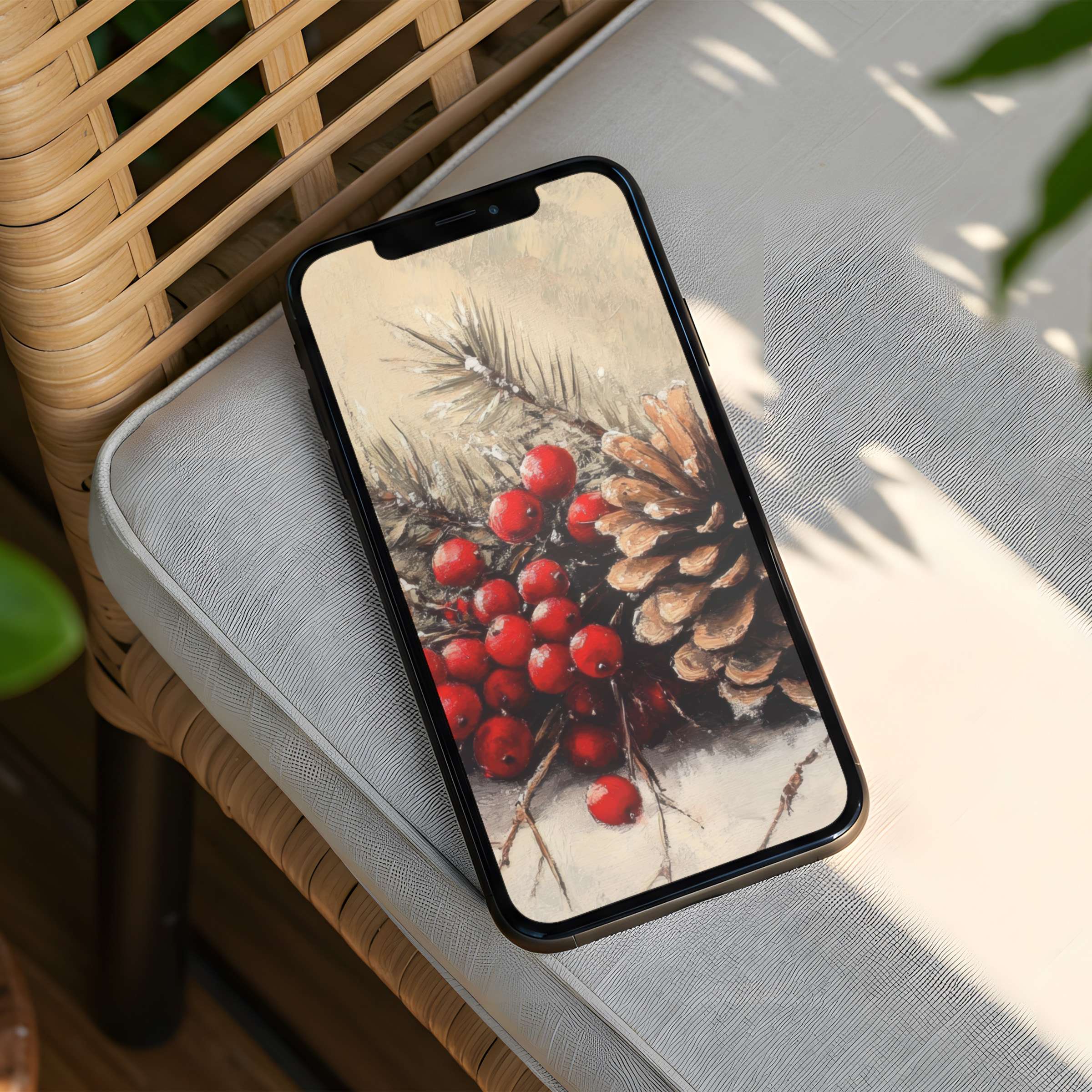 Elegant digital art iPhone background featuring pinecones and red berries, offering instant download for phone mindfulness and inspiration