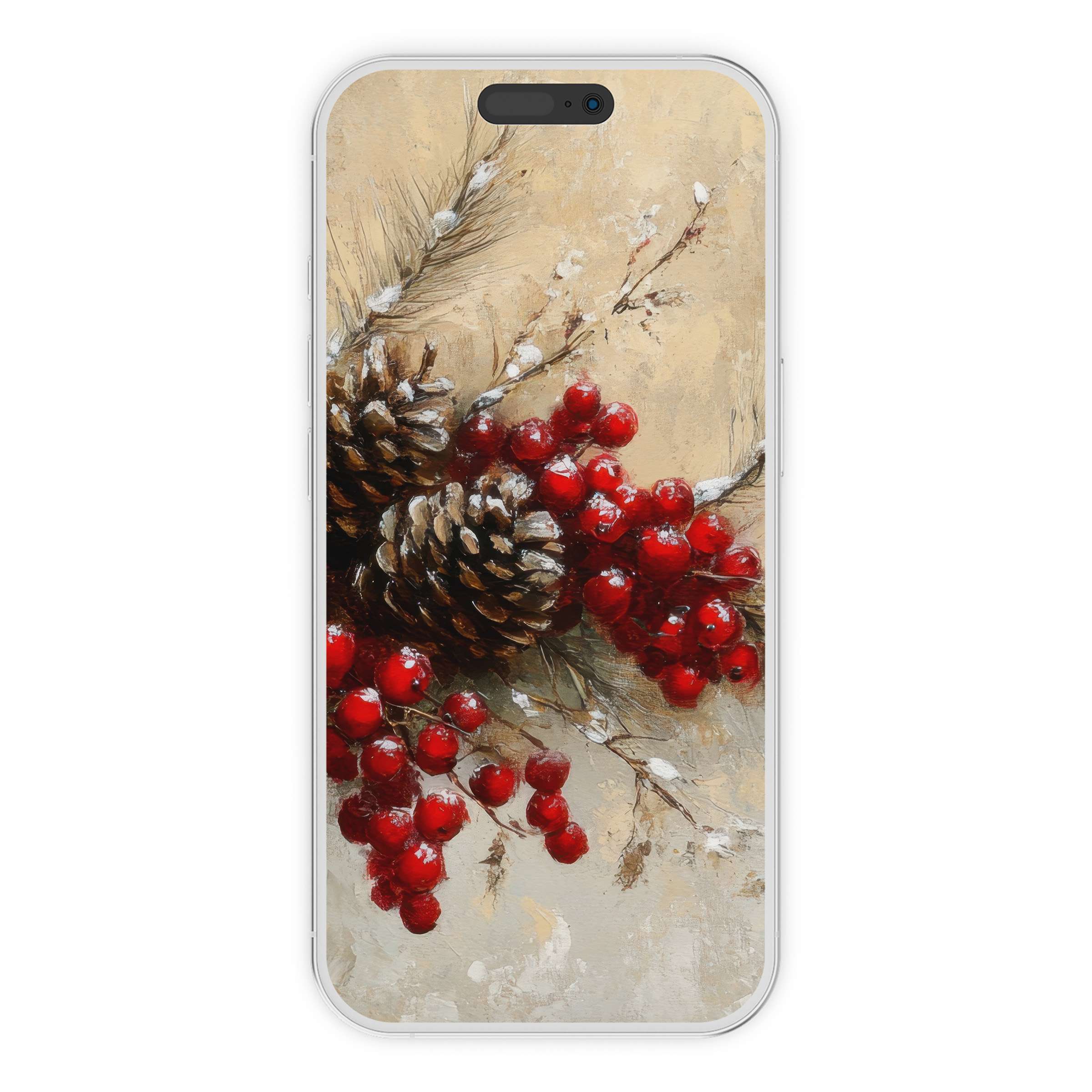 Elegant christmas iPhone wallpaper featuring pinecones and red berries in a serene digital download for festive phone backgrounds