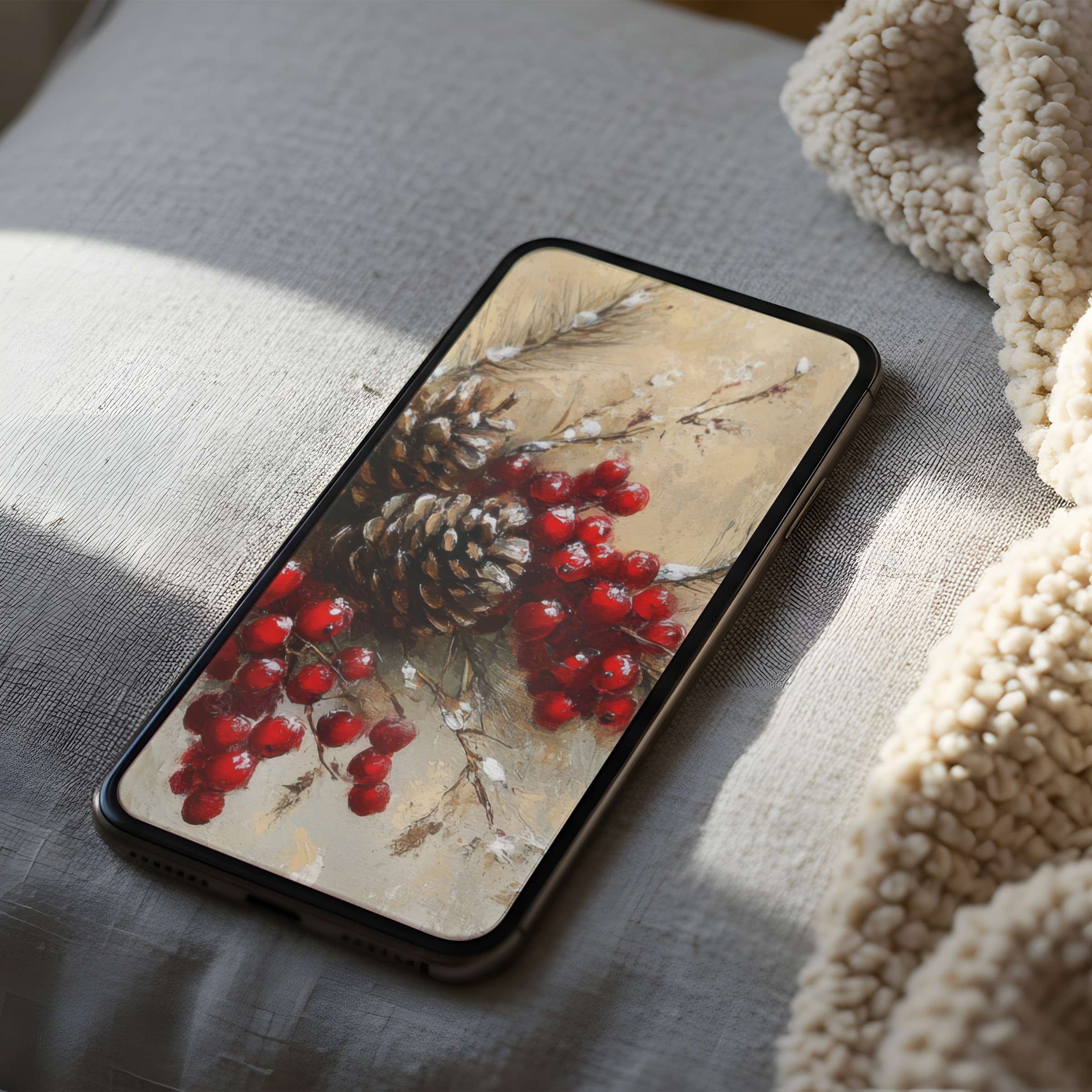 Nature-inspired phone wallpaper with pinecones and berries in warm tones, curated for high-resolution iPhone and android phones, digital download