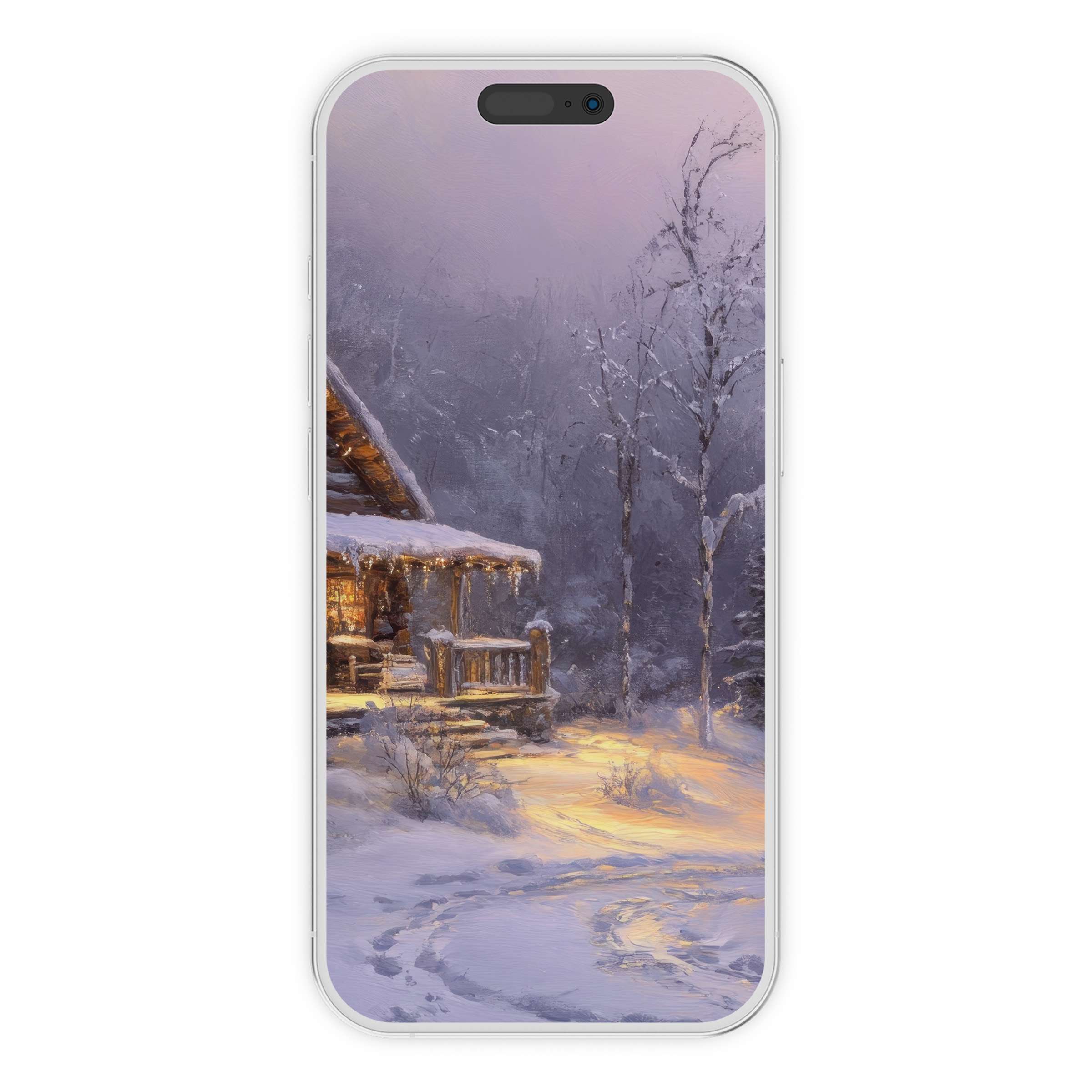 Rustic snowy cabin scene for a serene christmas iPhone wallpaper digital download, perfect phone background for cozy winter vibes