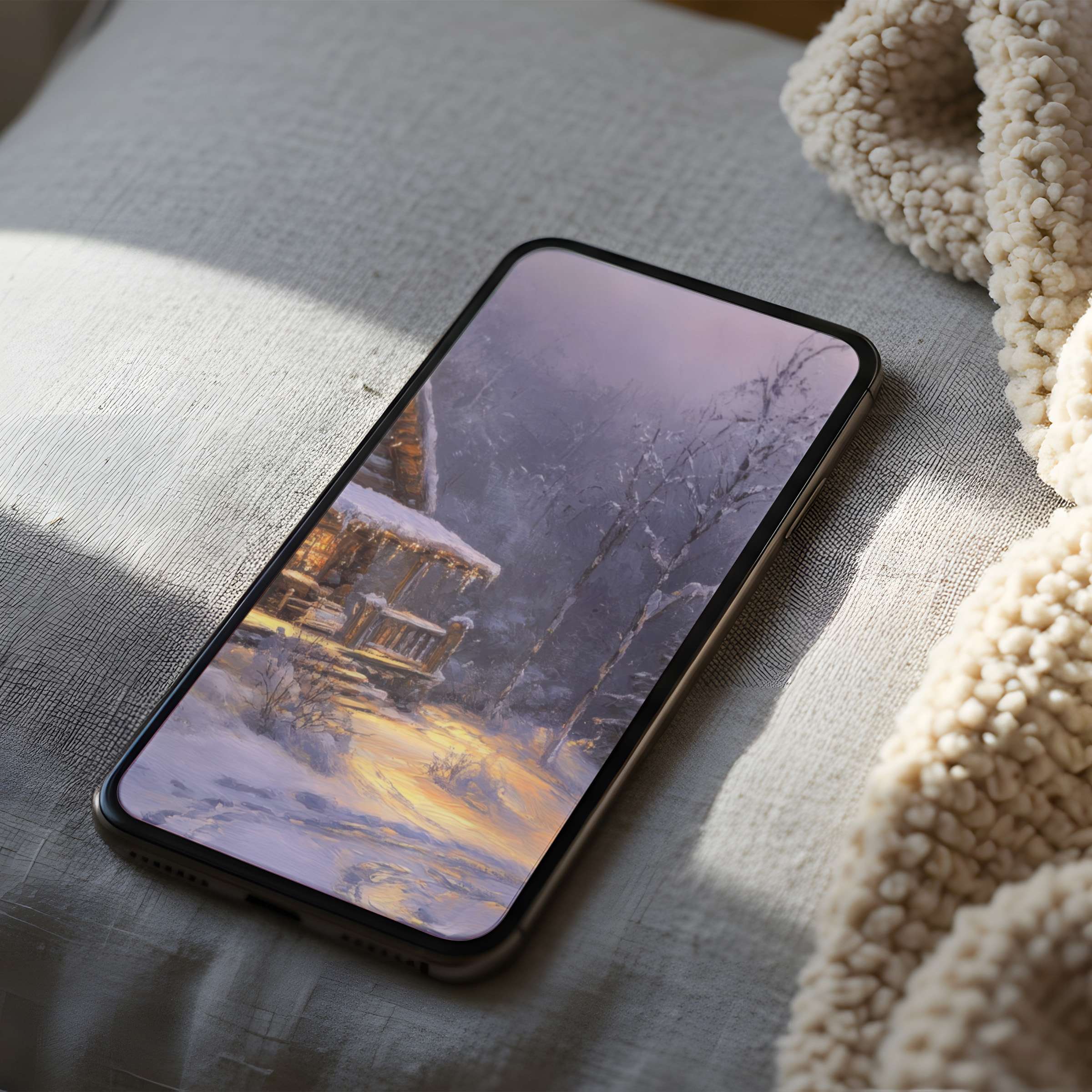 Elegant winter cabin scene blends soft snowy hues for a curated phone wallpaper, perfect for iPhone and Android digital download