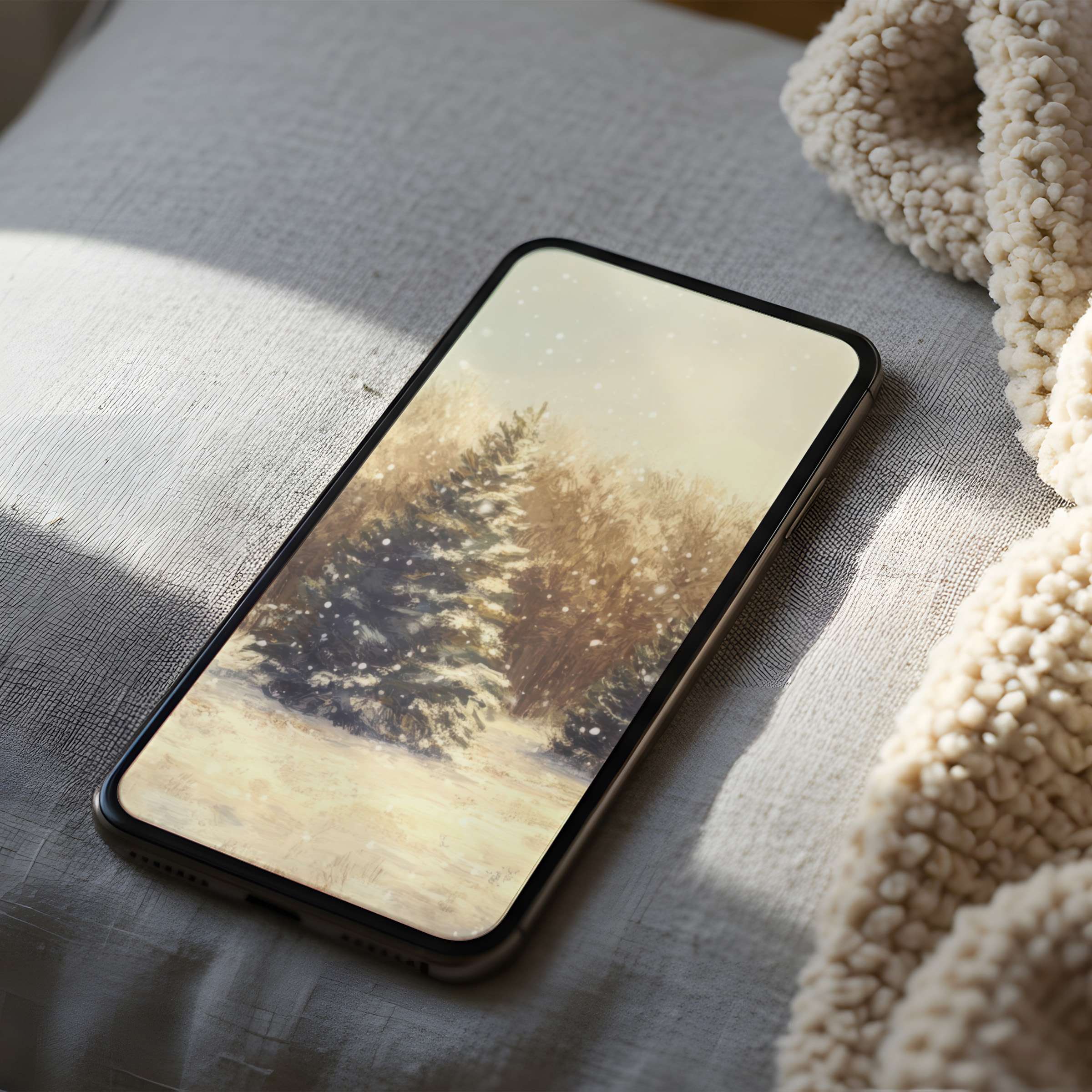 Snowy forest scene phone wallpaper in high resolution, perfect for iPhone and android, offering calm elegance as a digital download