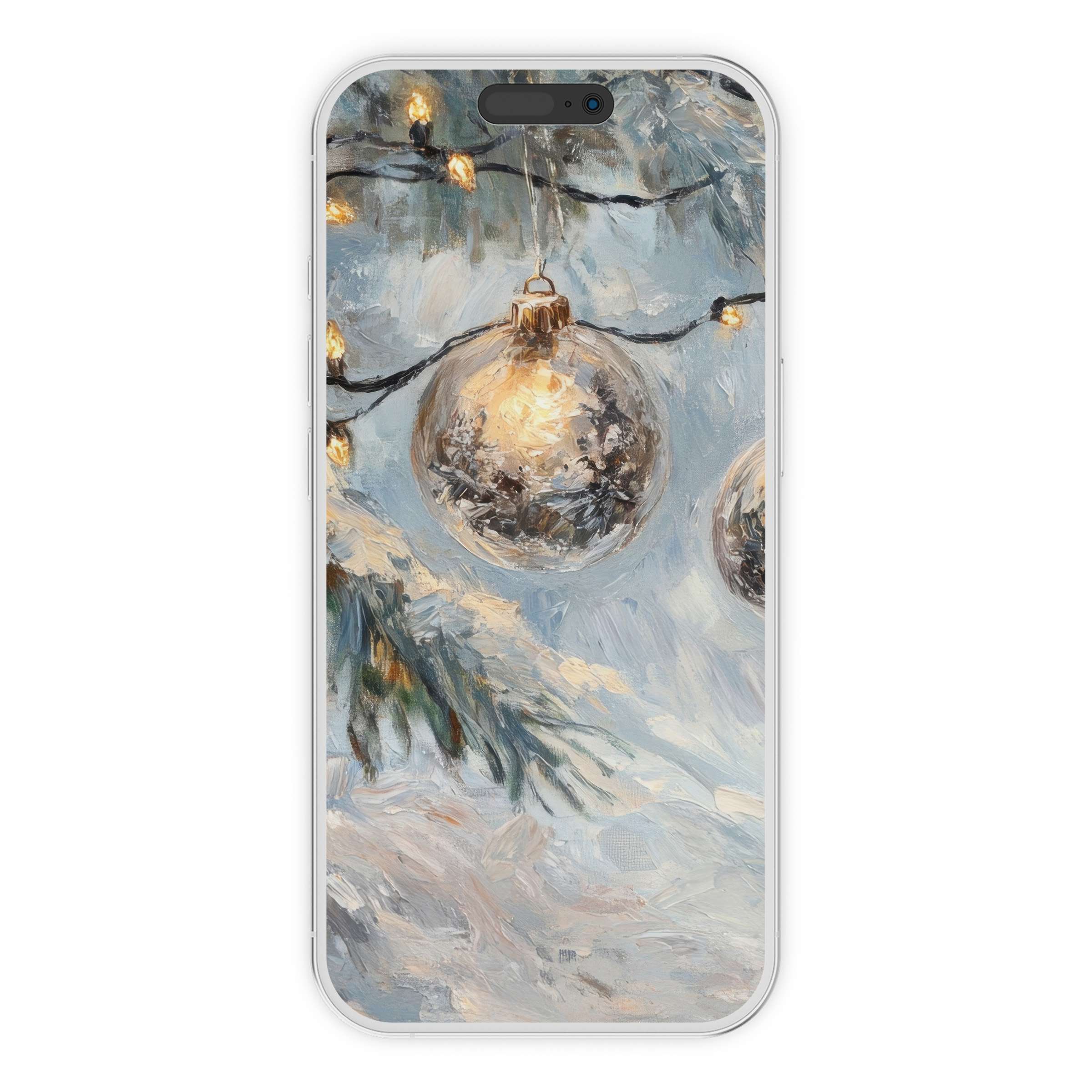 Elegant christmas iPhone wallpaper featuring shimmering ornaments on a snowy background, perfect digital download for phone aesthetics