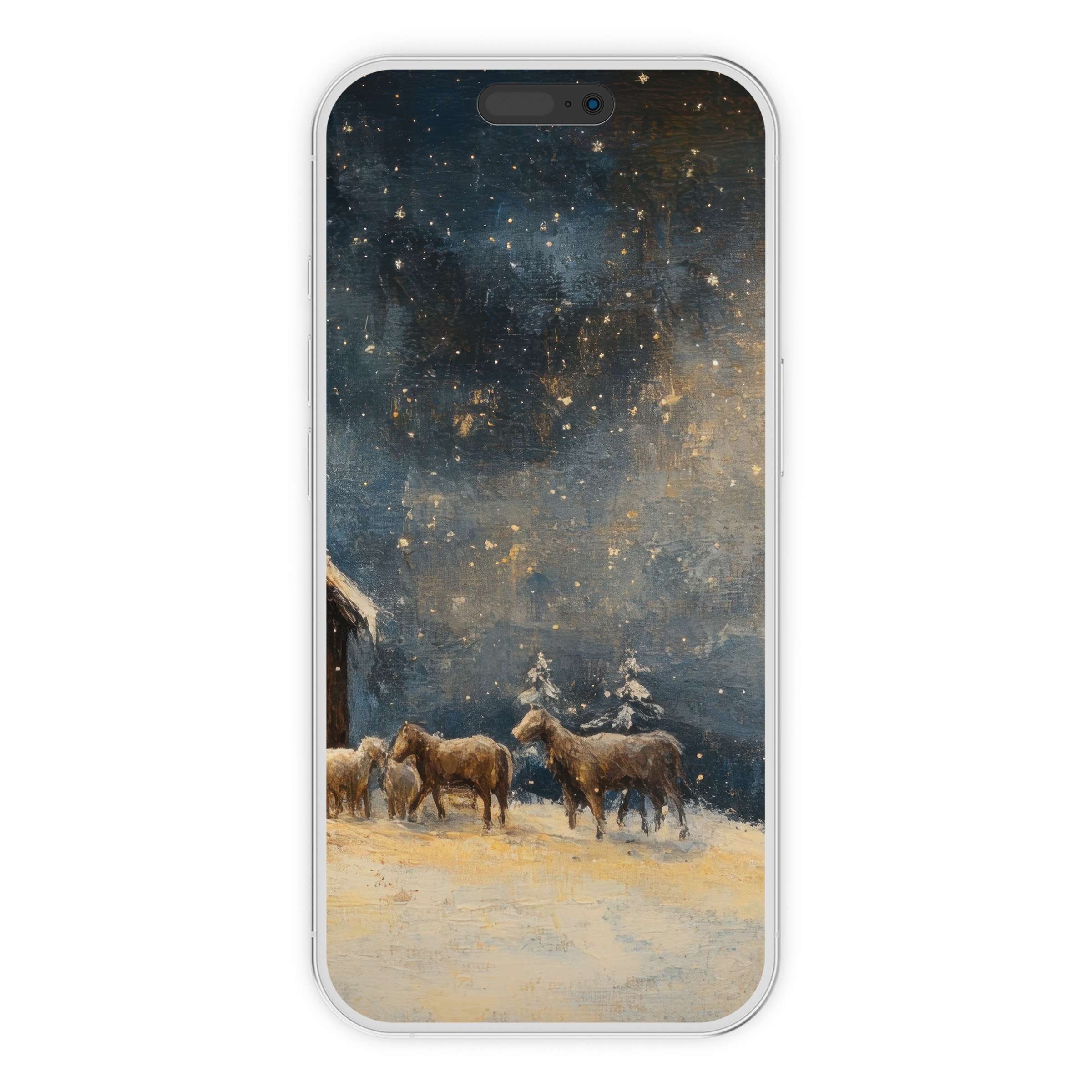 Christmas iPhone wallpaper with serene snowy landscape and horses under starry sky, perfect digital download phone background for elegance