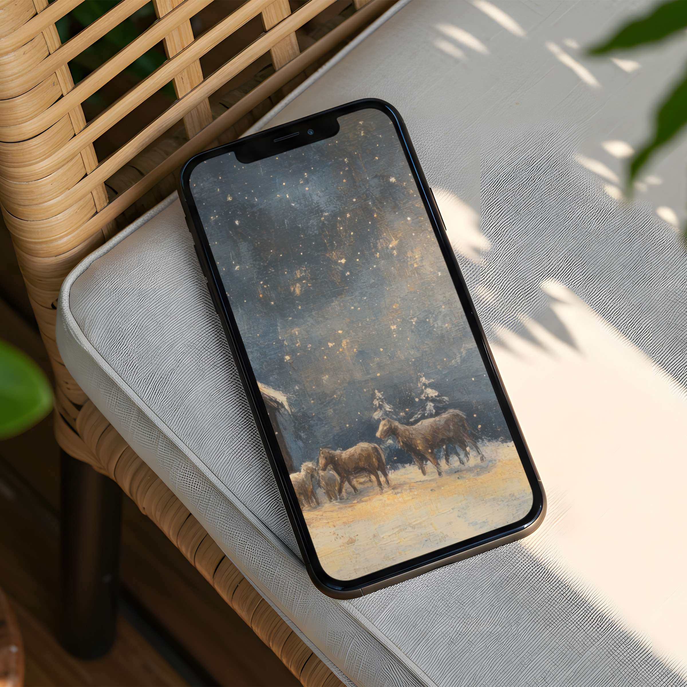 Serene starry night iPhone background with horses adds calm elegance to your phone instant download for mindful inspiration