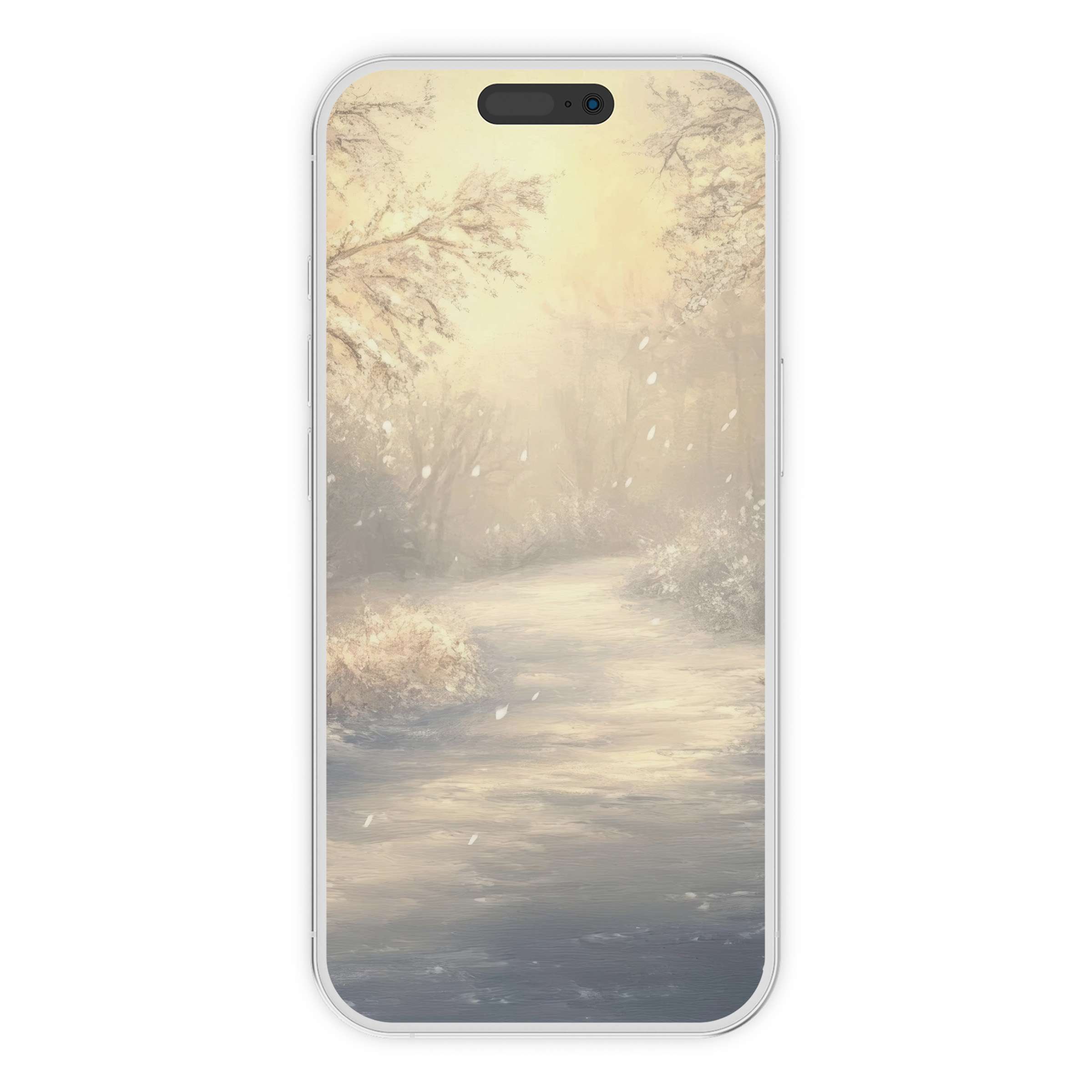 Dreamy christmas iPhone wallpaper featuring a serene winter path in soft pastels for a calming digital download phone background