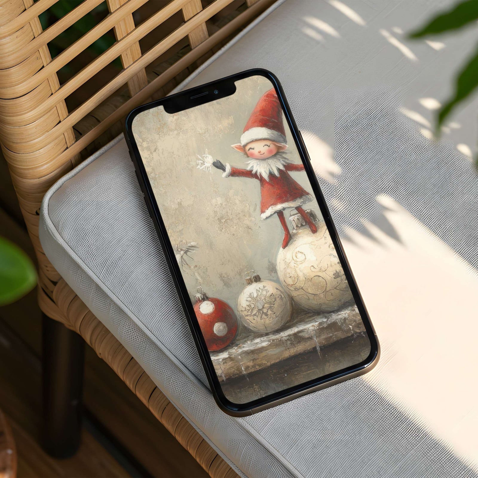 Christmas phone wallpaper featuring a cute festive elf sitting on vintage ornaments in warm neutral tones - a cozy, whimsical holiday background for a charming and elegant home screen