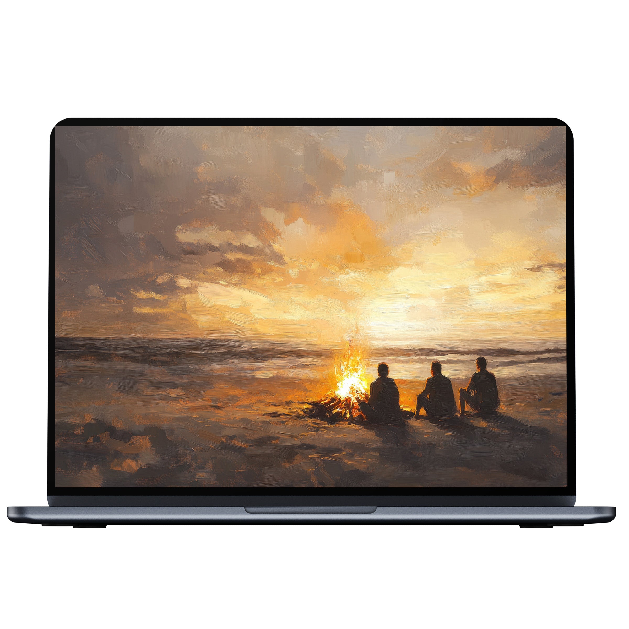 Coastal desktop wallpaper with warm sunset and silhouettes around a beach fire inspires calm on PC or laptop digital download