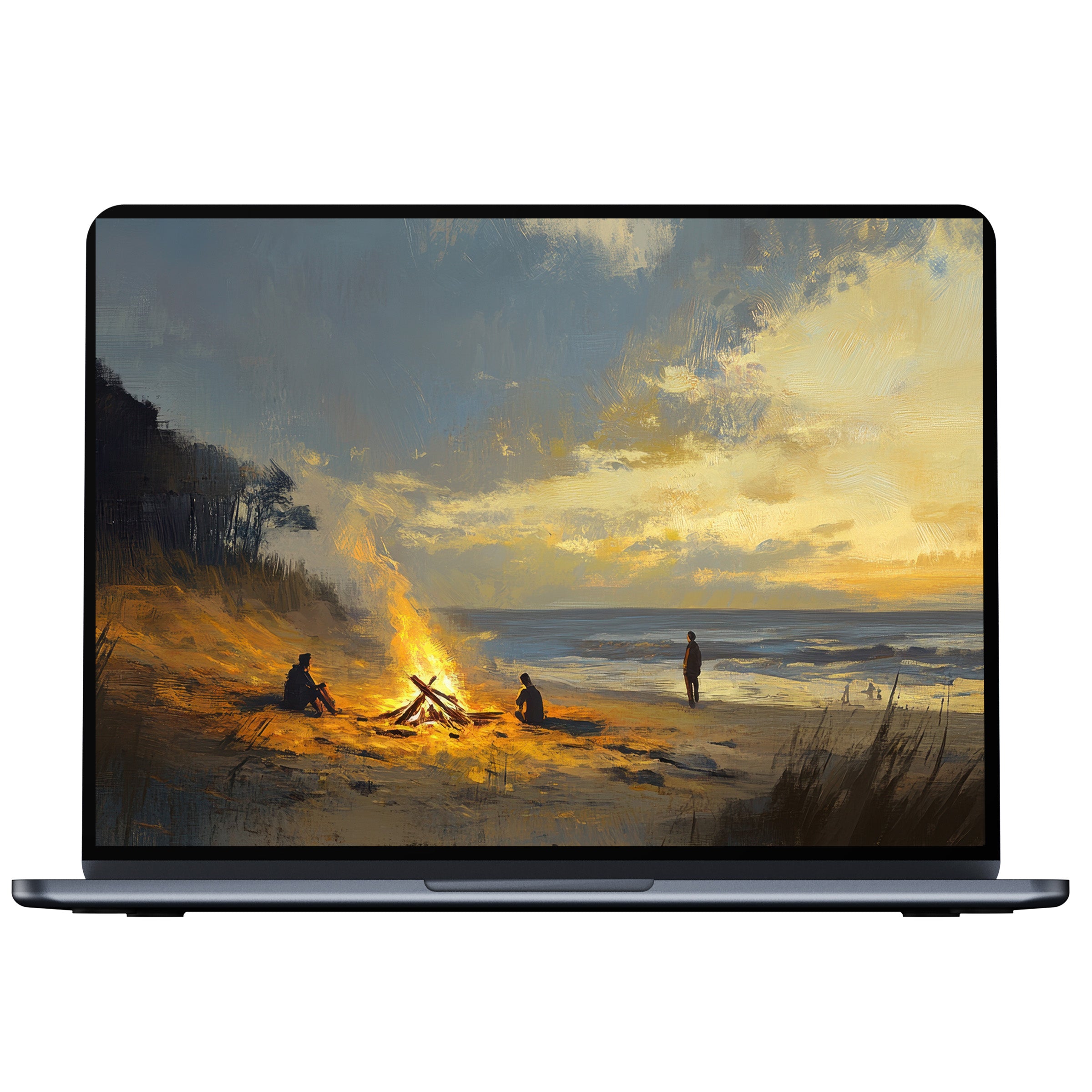 Coastal desktop wallpaper with serene sunset, campfire glow, and ocean waves offering digital download for PC and laptop screens