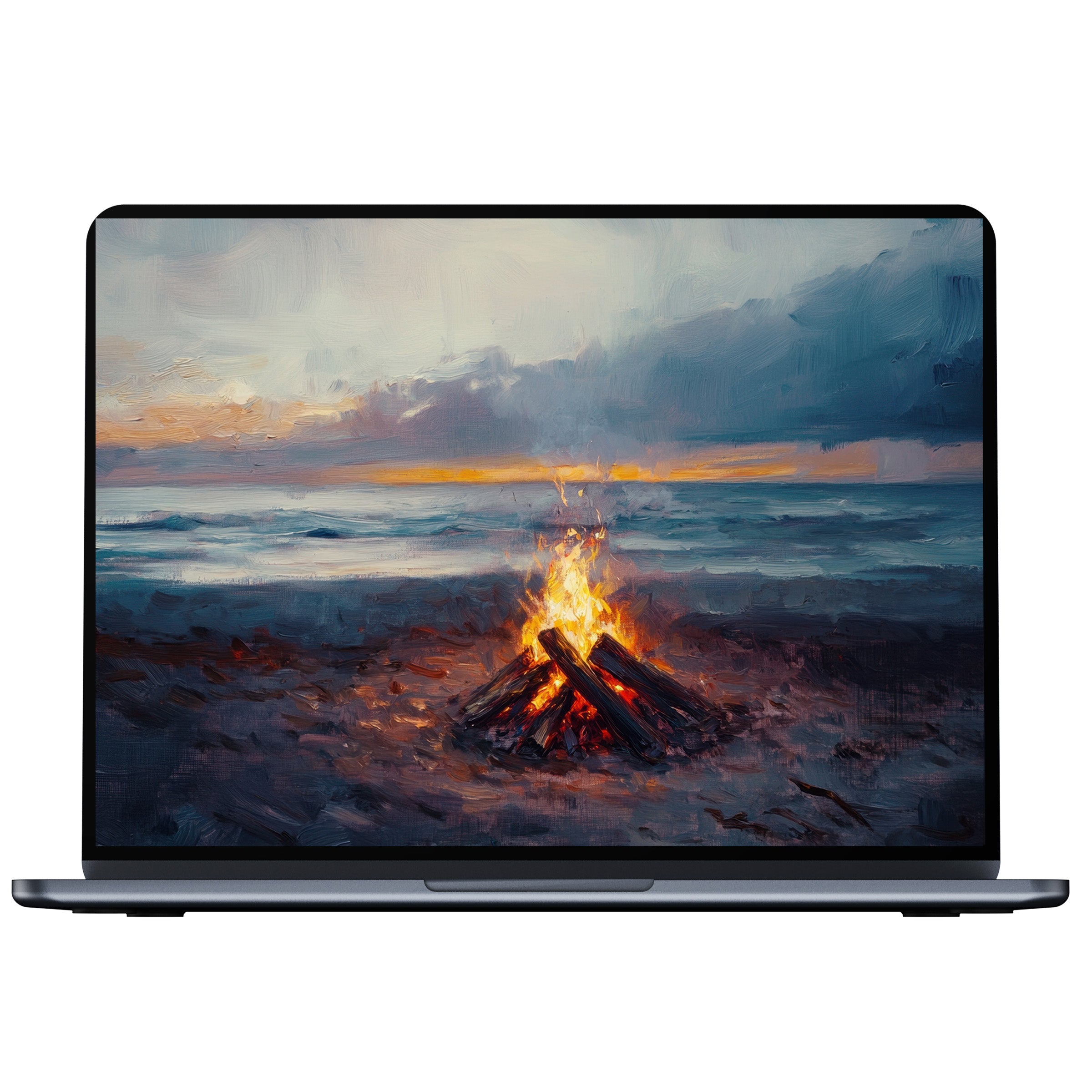 Coastal desktop wallpaper with a serene sunset over a campfire on the beach perfect for digital download on PC or laptop