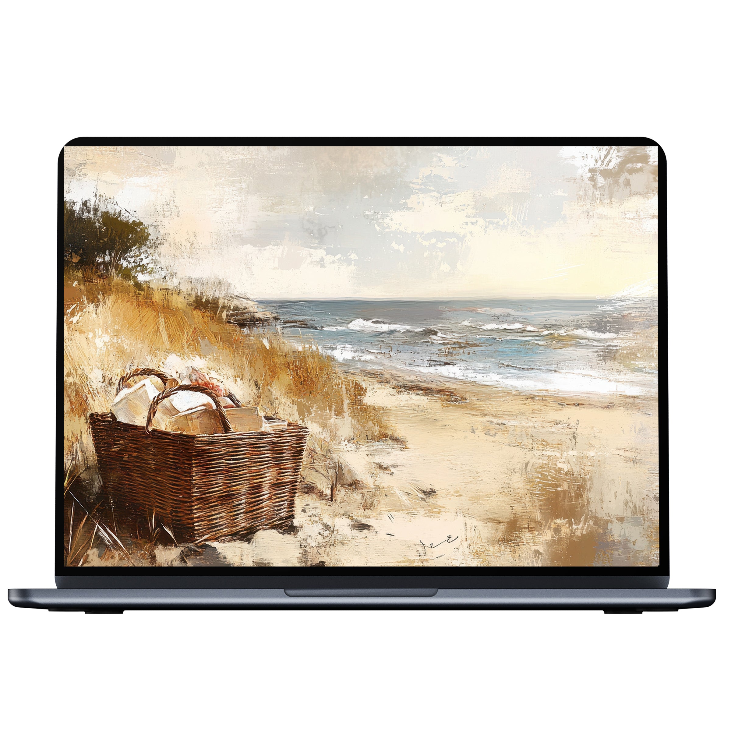 Coastal desktop wallpaper digital download with serene seashore painting evokes calm and elegance for any PC, Laptop, or Mac background