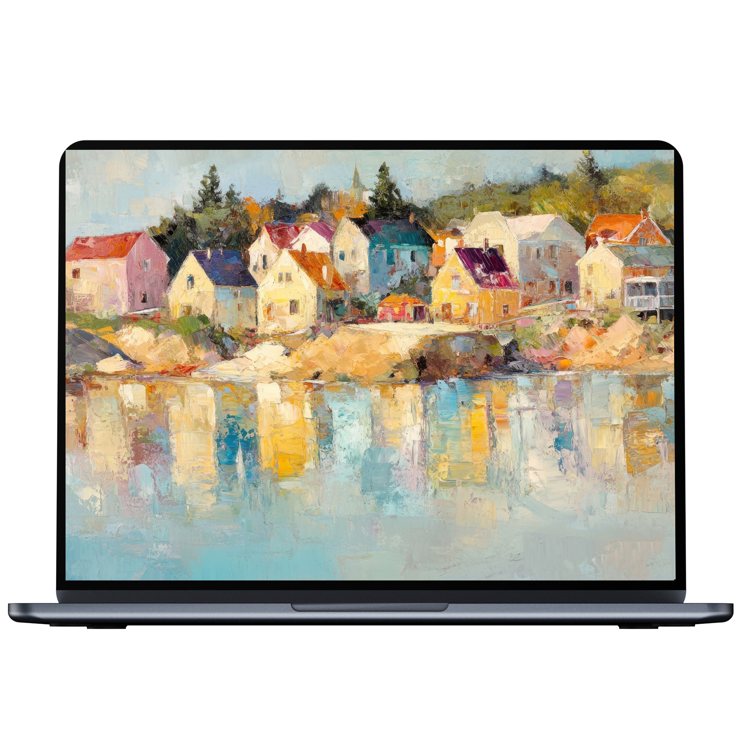 Coastal desktop wallpaper digital download with serene pastel village reflections evokes calm elegance for PC and laptop screens