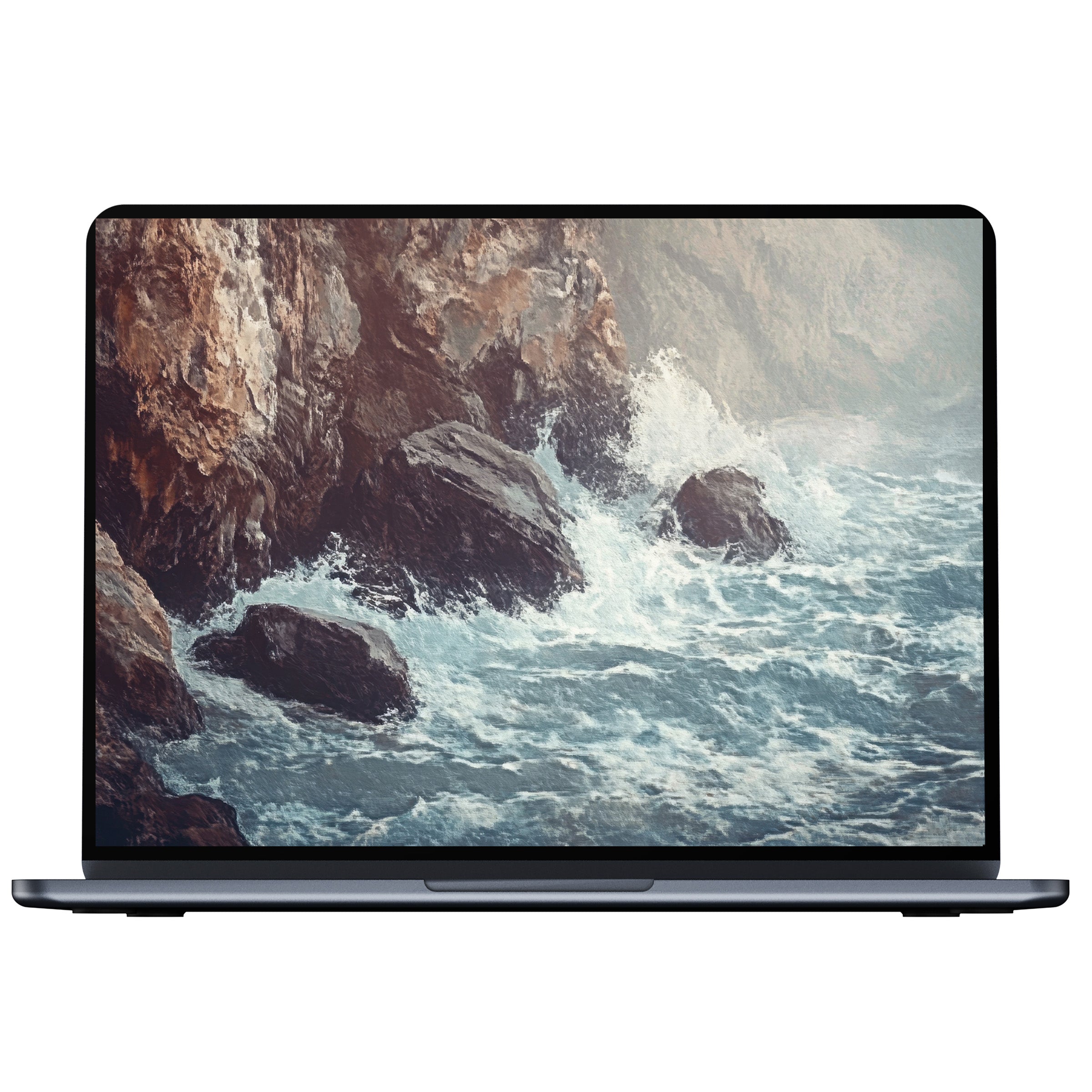 Coastal desktop wallpaper featuring serene waves crashing on rocks, perfect digital download for PC or laptop, inspires calm elegance