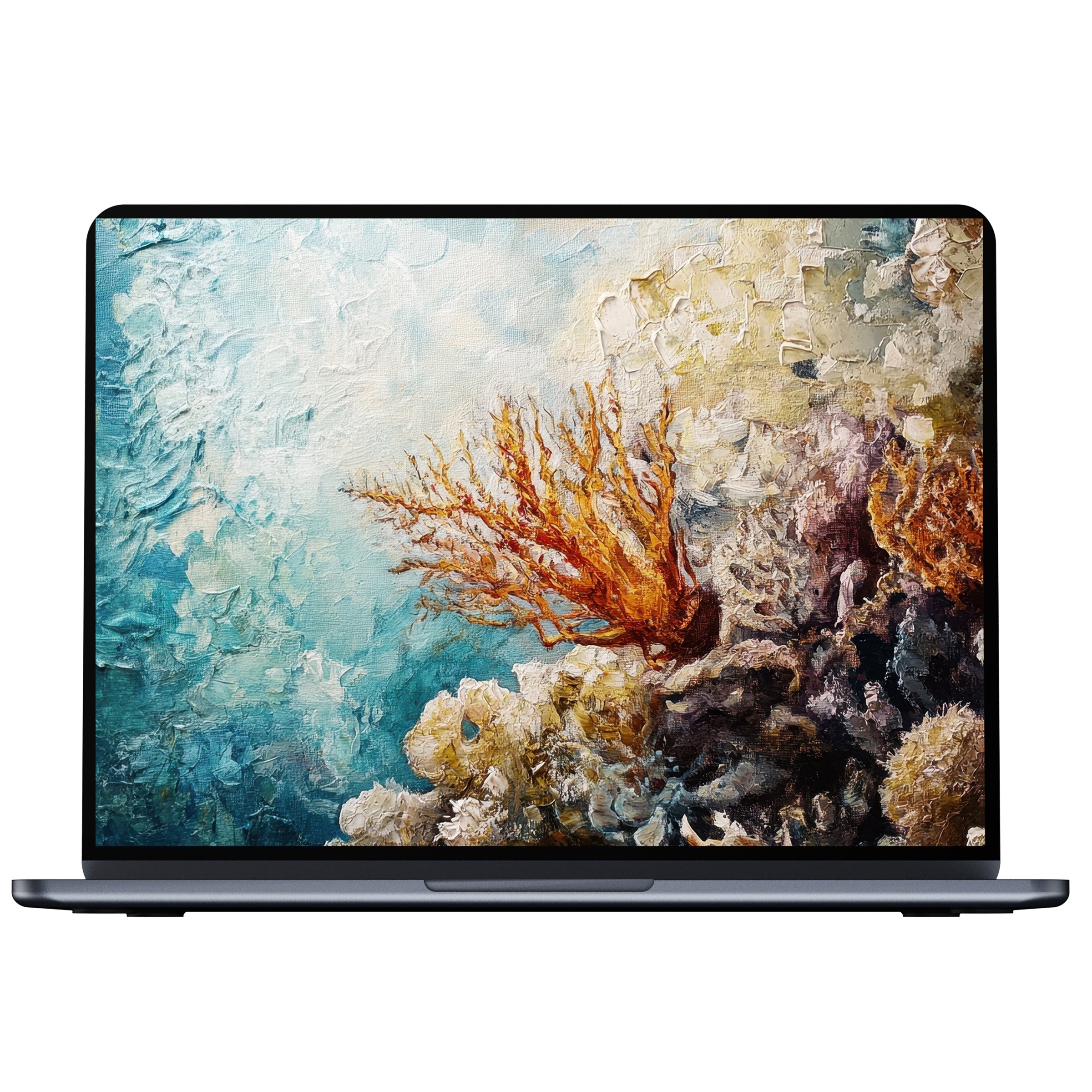 Coastal desktop wallpaper featuring serene ocean coral textures in teal and orange for digital download perfect for PC or laptop