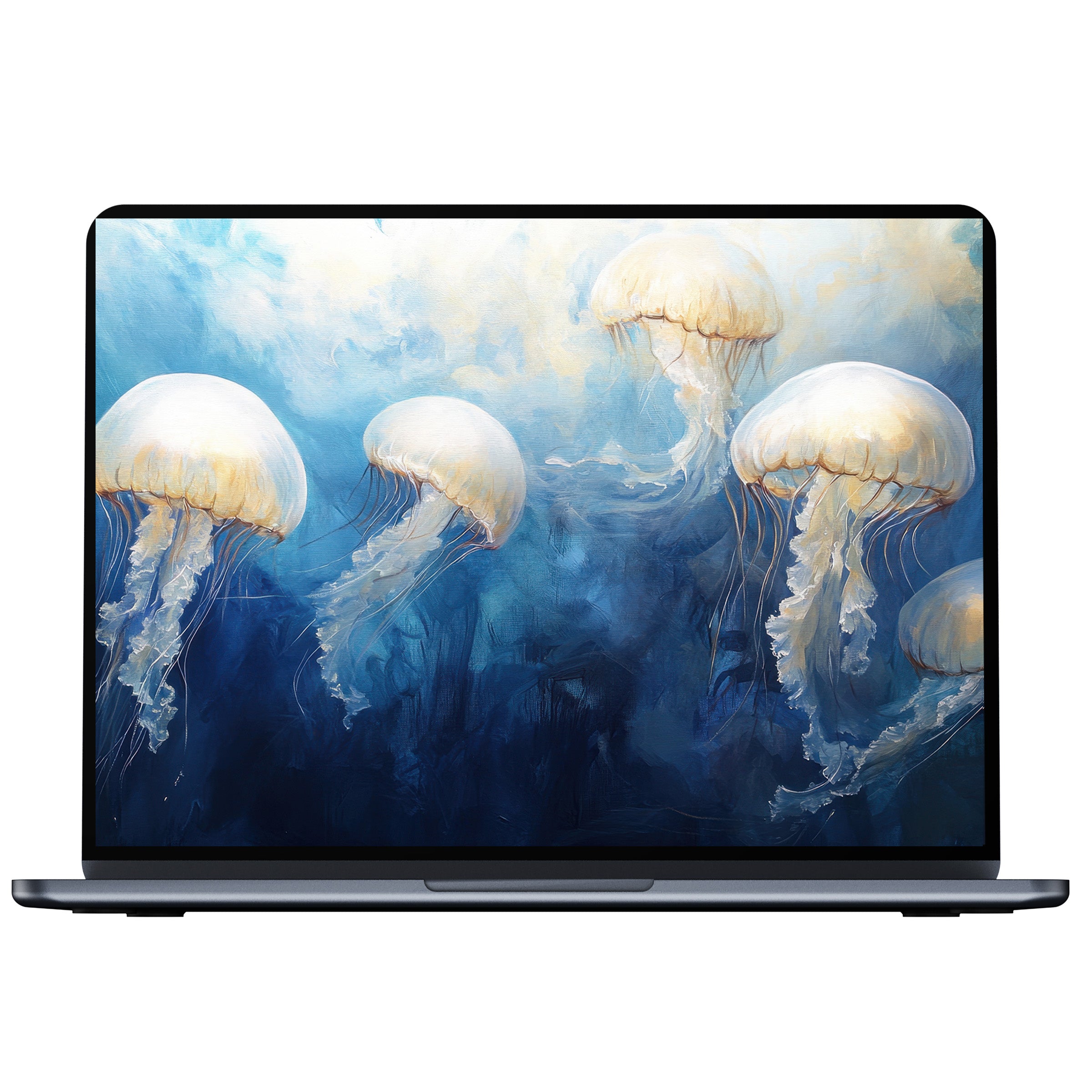 Coastal desktop wallpaper featuring ethereal jellyfish in blue waters digital download for elegant PC, laptop, and Mac tranquility